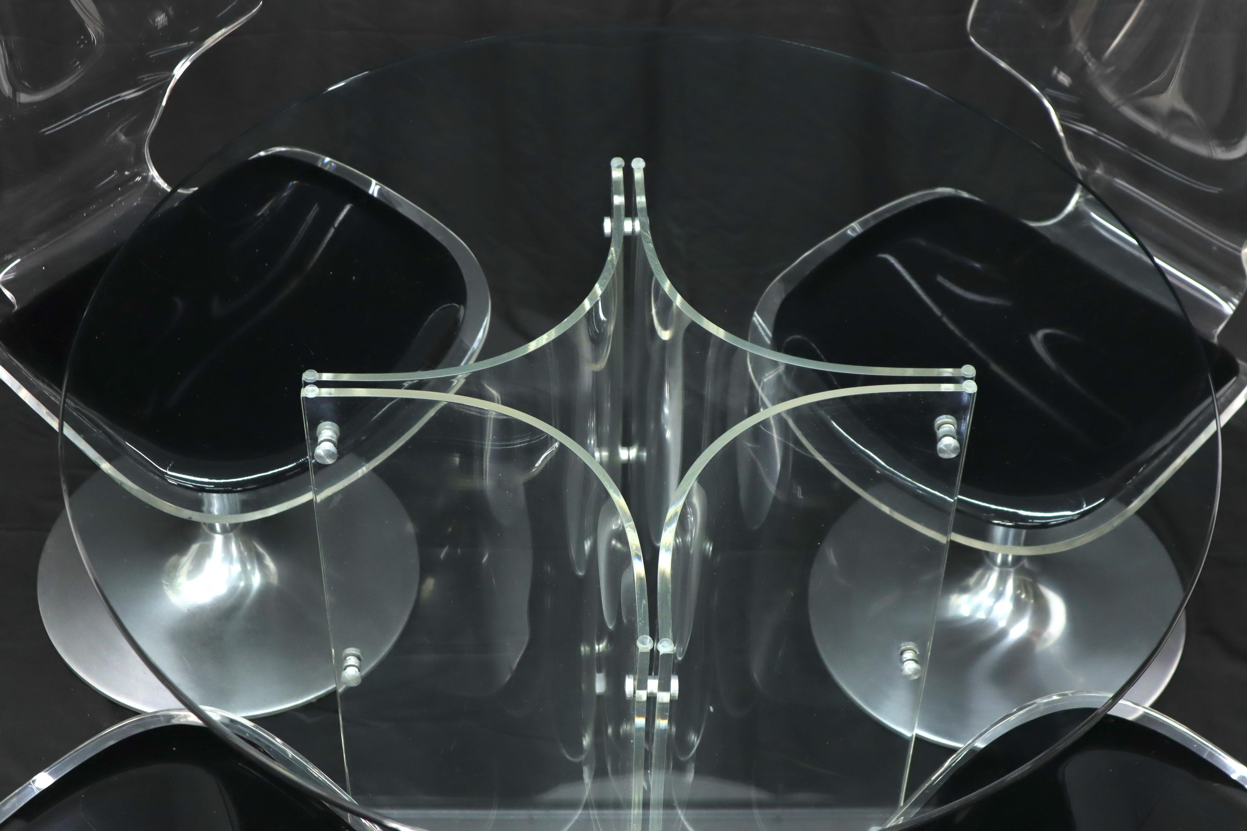 Tulip Chrome Base Lucite Seats Set of 4 Chairs Dining Table with Glass Round Top For Sale 1