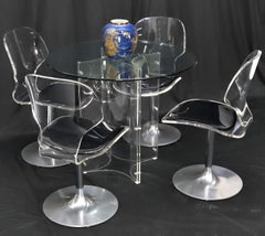 Tulip Chrome Base Lucite Seats Set of 4 Chairs Dining Table with Glass Round Top