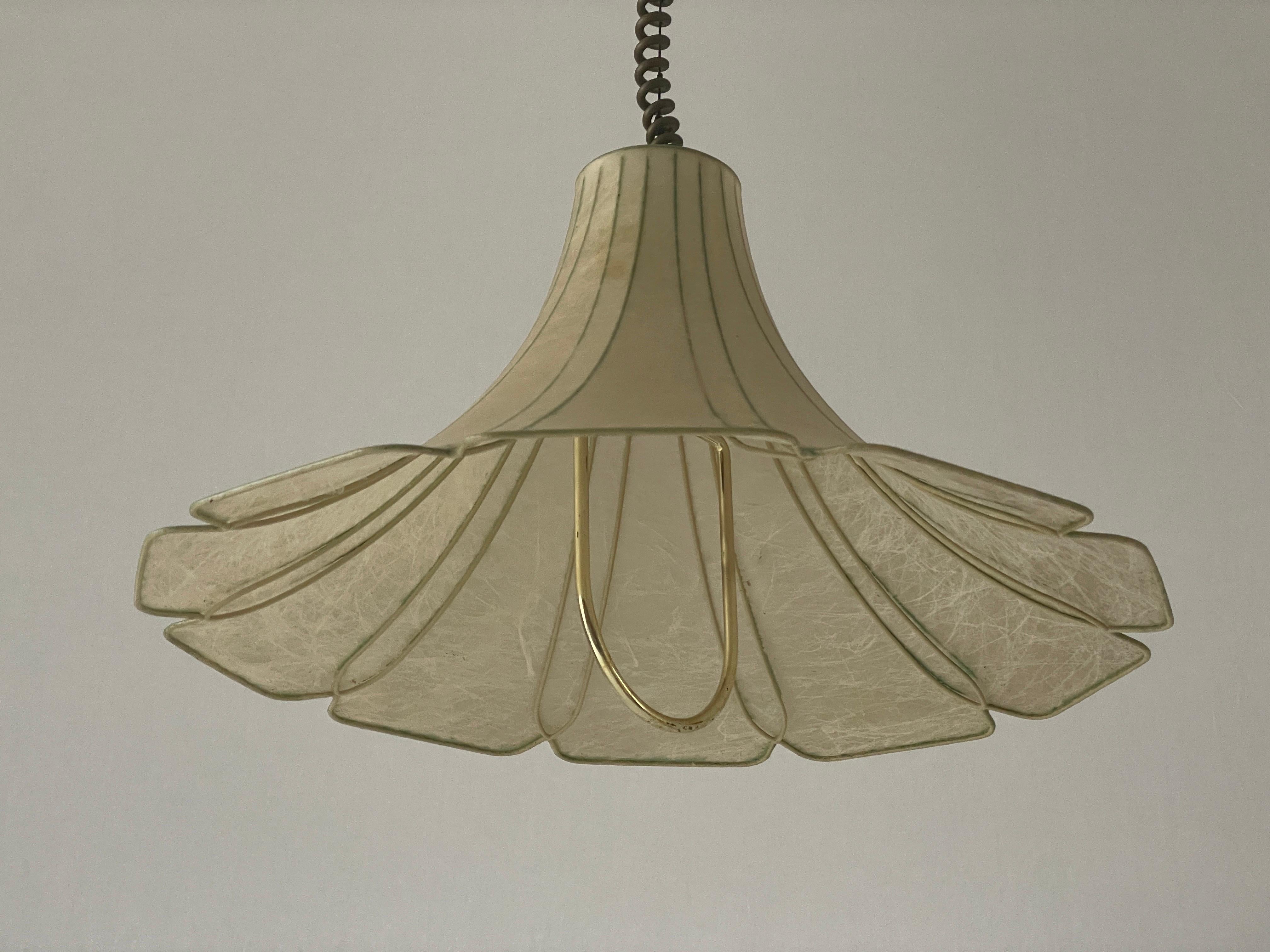 Tulip Design Cocoon Adjustable Height Pendant Lamp by Goldkant, 1960s, Germany

Lampshade is in very good vintage condition.

This lamp works with E27 light bulbs. 
Wired and suitable to use with 220V and 110V for all