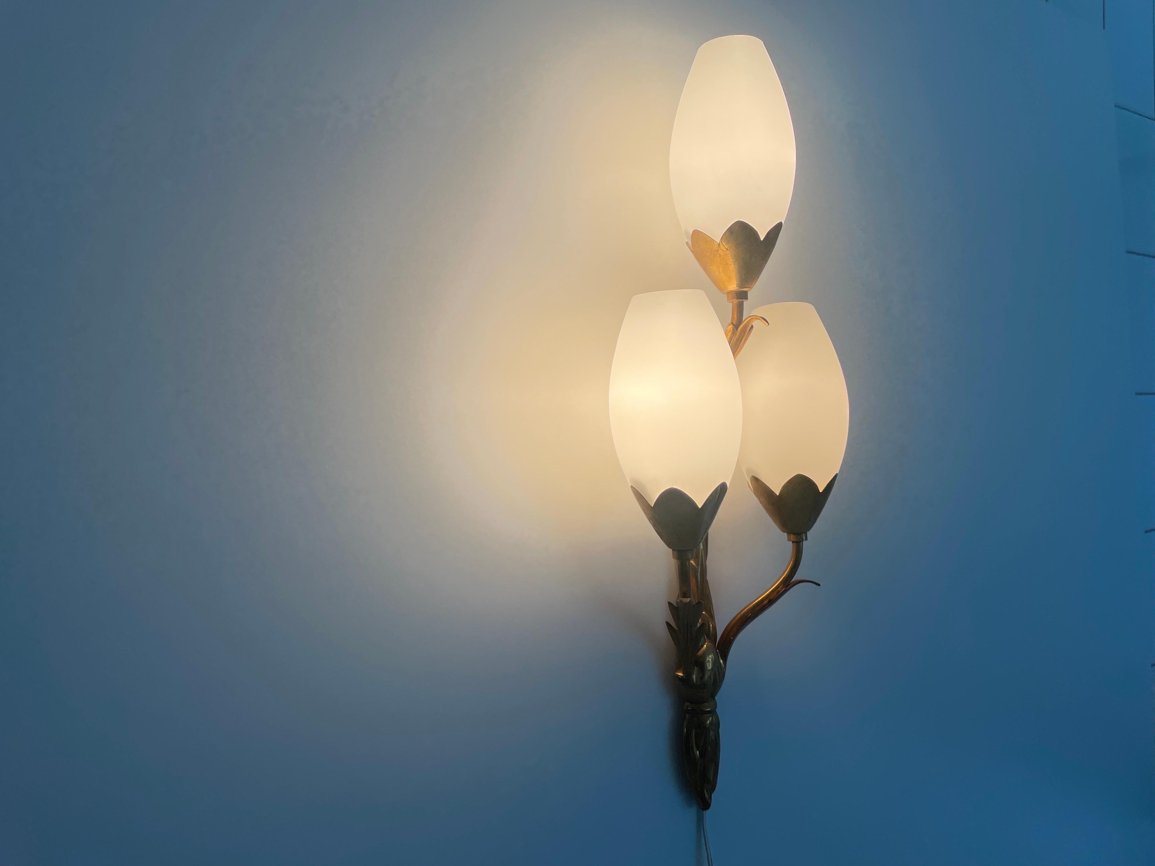 Tulip Design Triplet Glass Shade and Brass Body Wall Sconce, 1960s, Italy For Sale 6