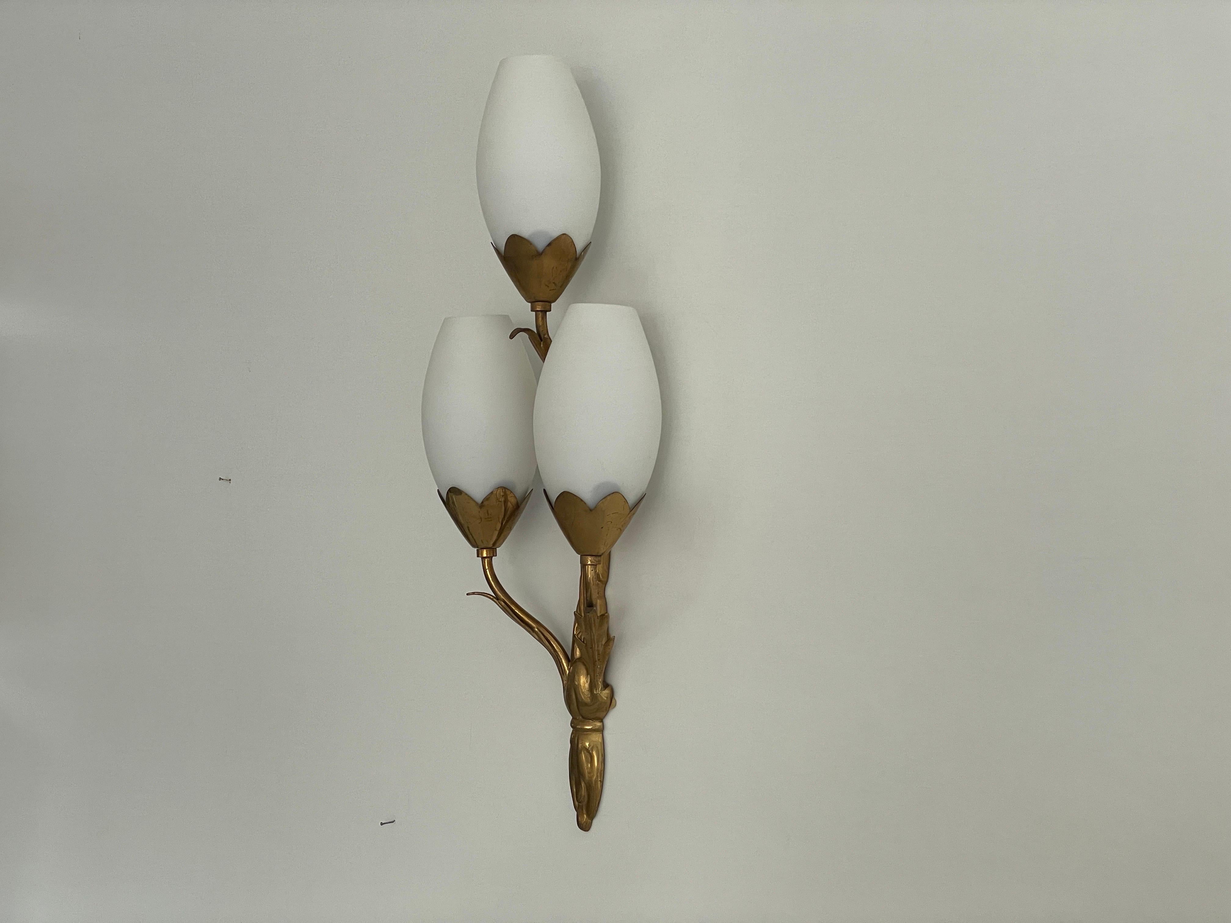 Mid-Century Modern Tulip Design Triplet Glass Shade and Brass Body Wall Sconce, 1960s, Italy For Sale