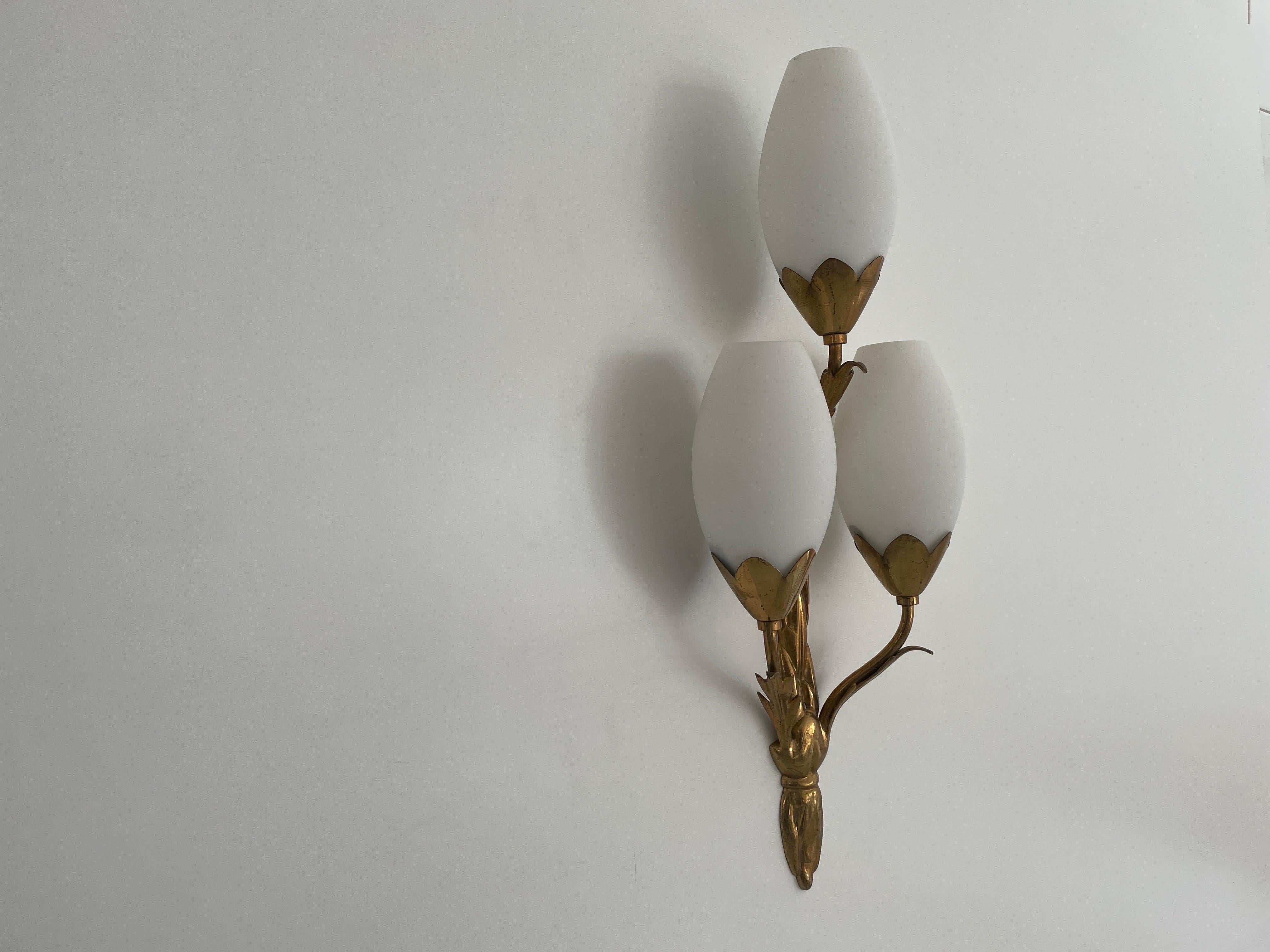 Italian Tulip Design Triplet Glass Shade and Brass Body Wall Sconce, 1960s, Italy For Sale