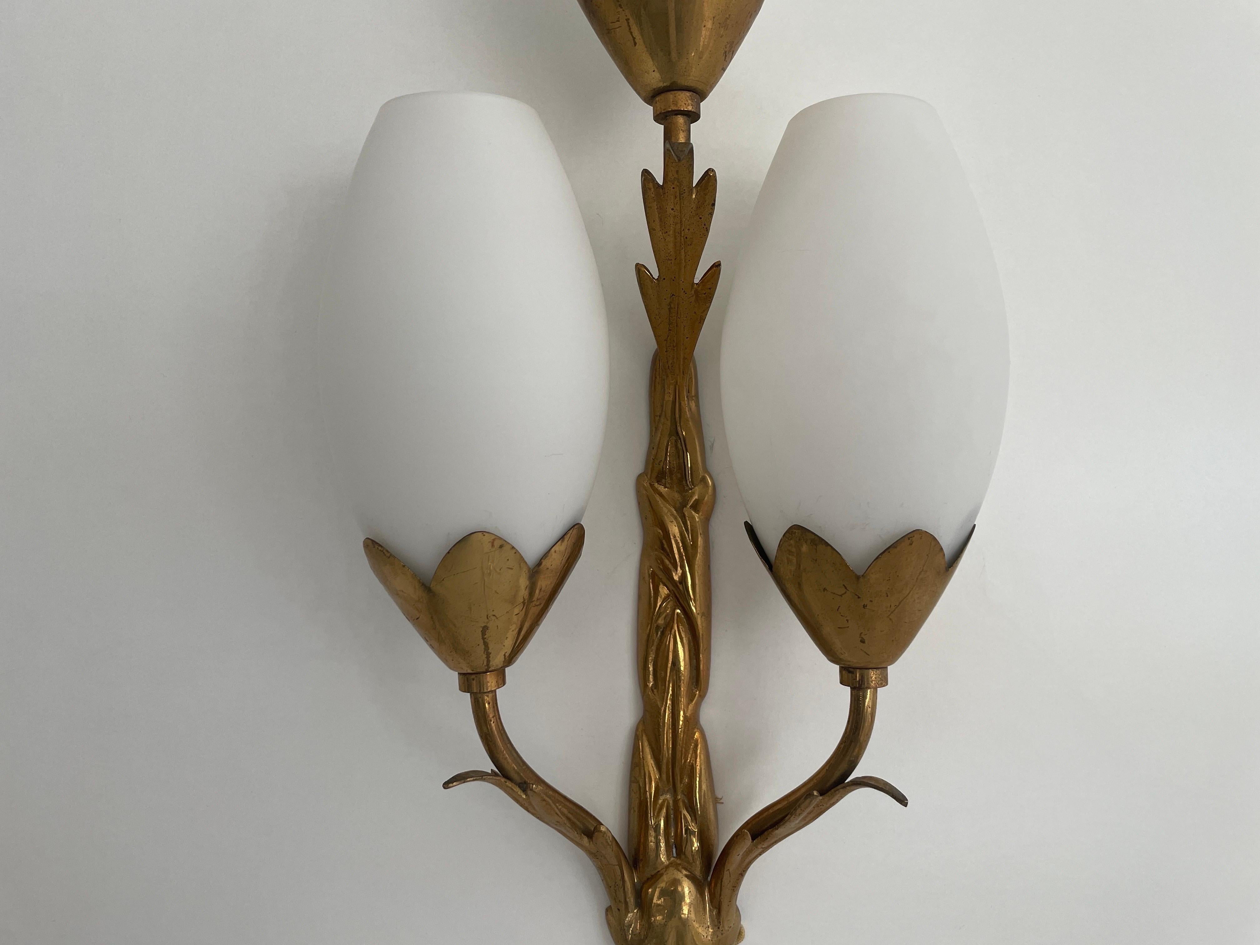 Tulip Design Triplet Glass Shade and Brass Body Wall Sconce, 1960s, Italy In Excellent Condition For Sale In Hagenbach, DE