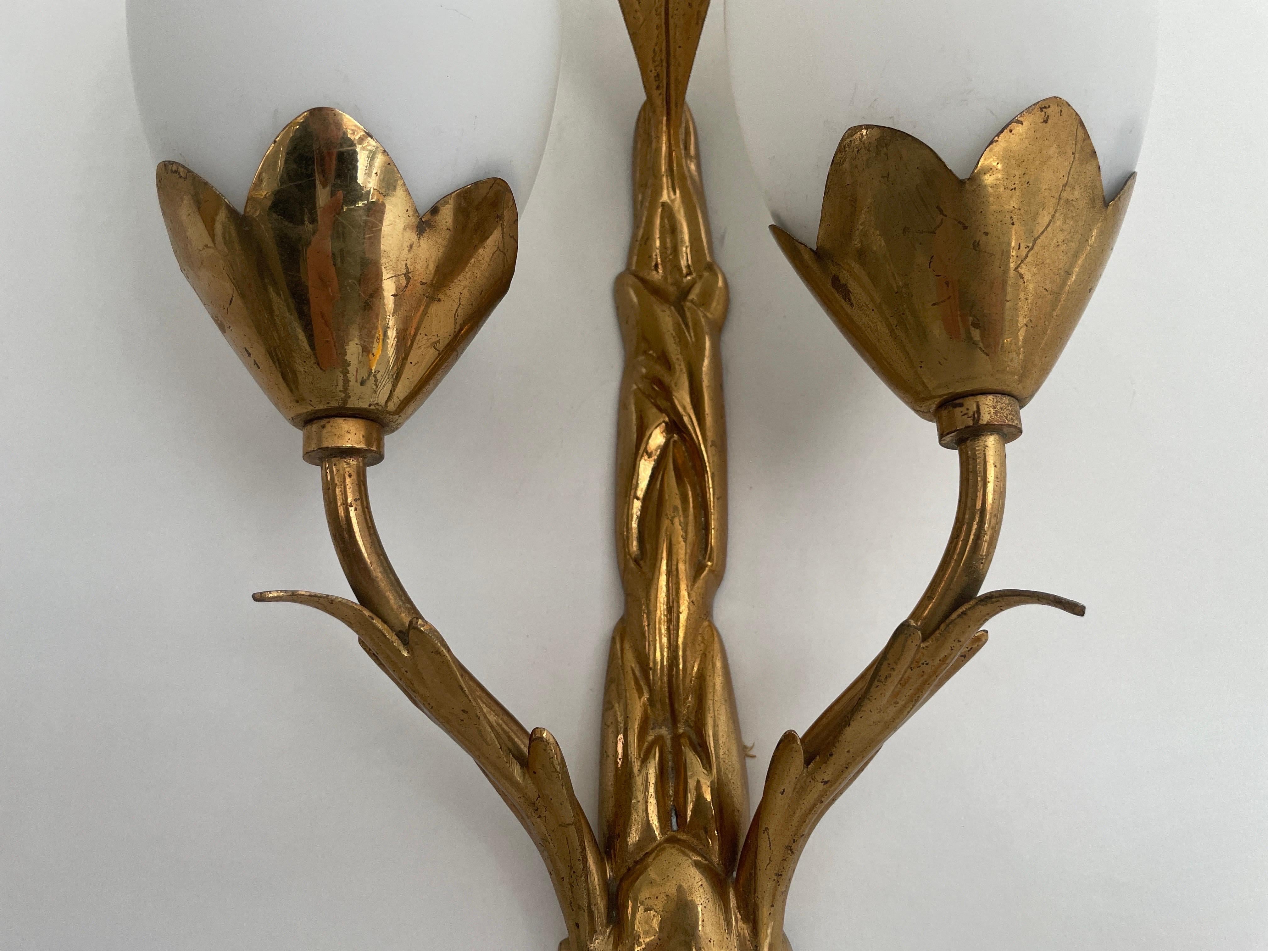 Tulip Design Triplet Glass Shade and Brass Body Wall Sconce, 1960s, Italy For Sale 2