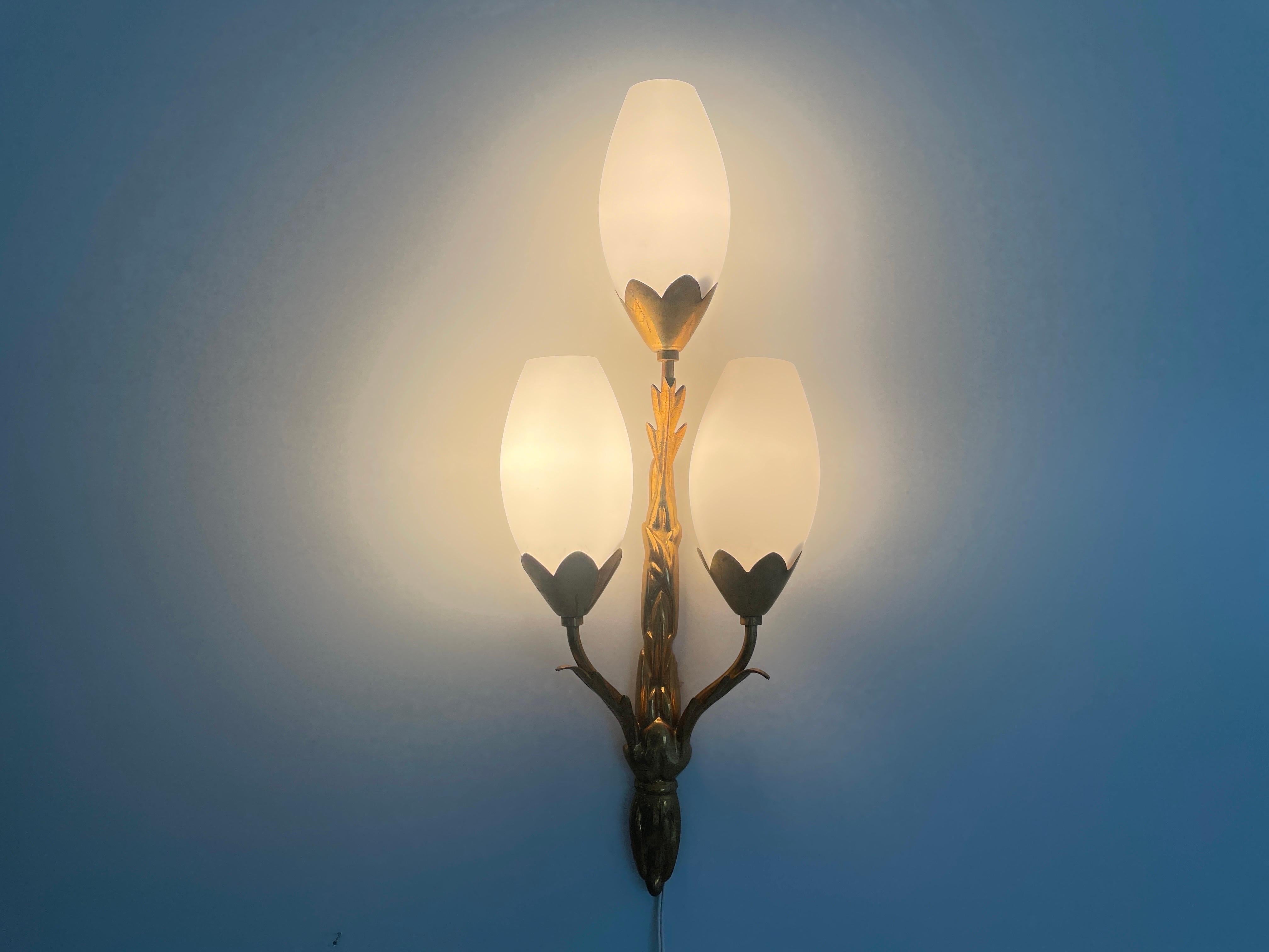 Tulip Design Triplet Glass Shade and Brass Body Wall Sconce, 1960s, Italy For Sale 3