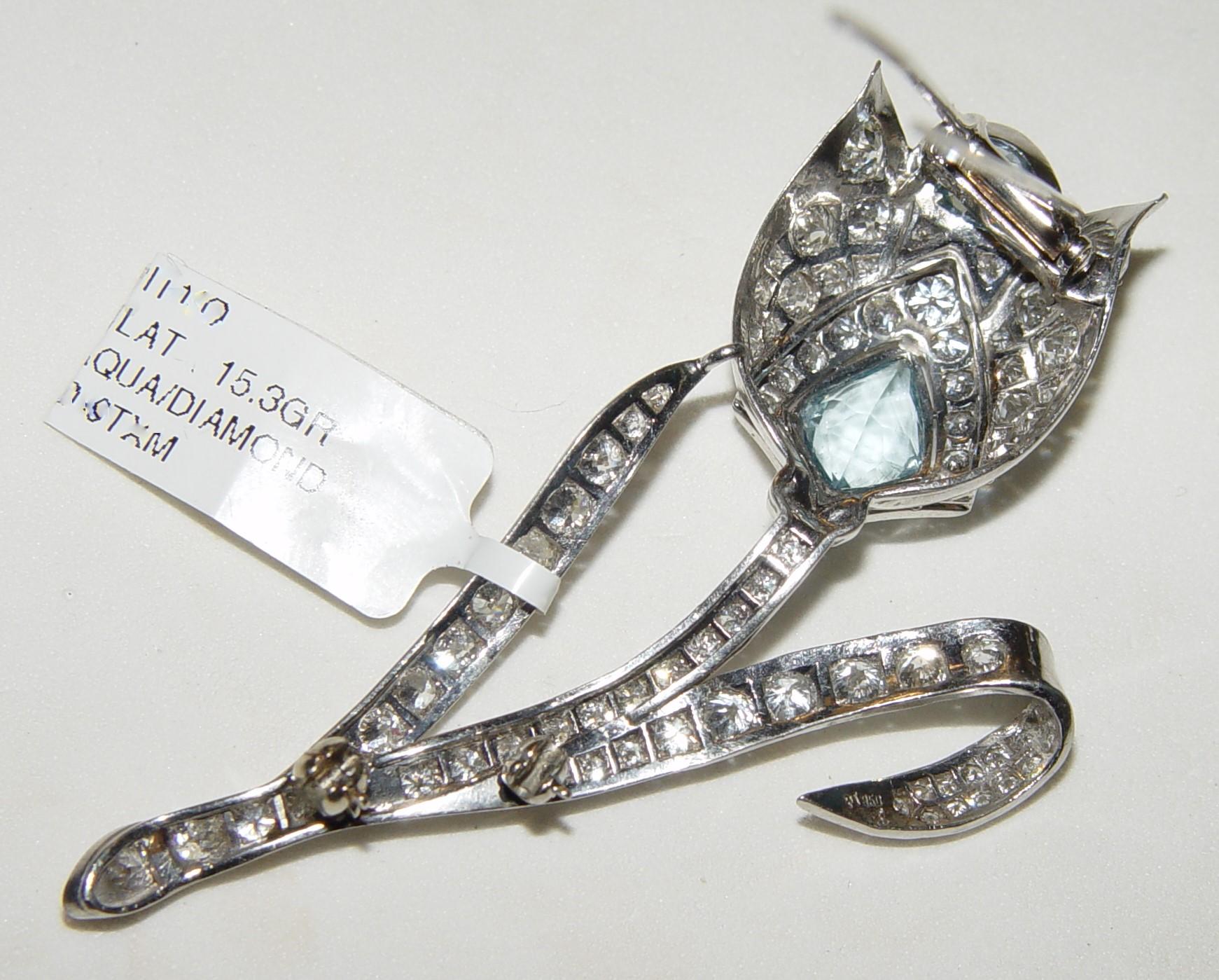 Women's or Men's Tulip Diamond & Aquamarine Pin/Brooch 65x30MM 14K/PLAT 3.50CT+(Est.) For Sale