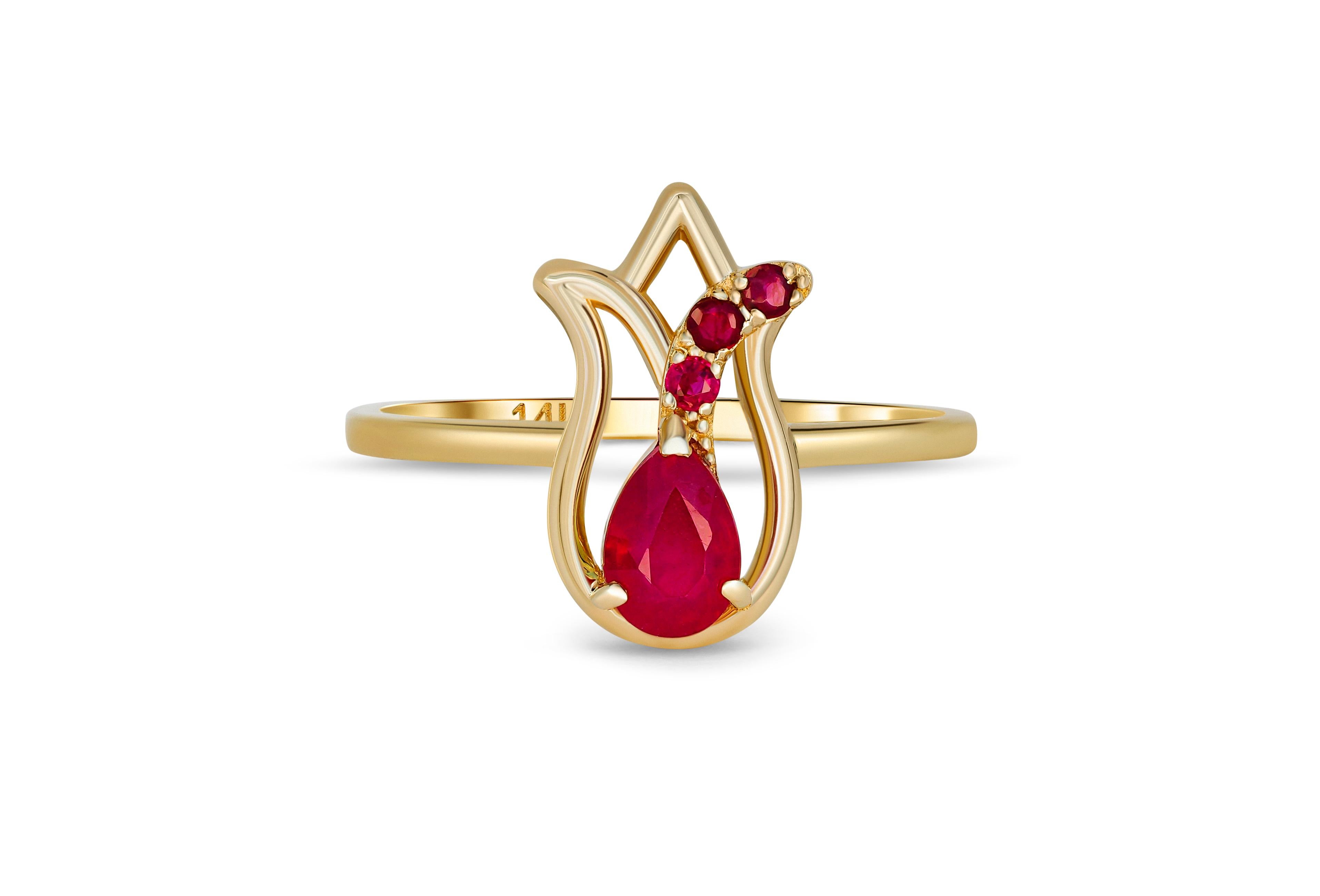 Tulip flower ring with ruby. 
Pear ruby 14k gold ring. Flower gold ring. Dainty ruby ring. July birthstone ring. Everyday ruby ring.

Metal: 14k gold
Weight: 2.00 g. depends from size.

Set with ruby, color - red
Pear cut, 0.70 ct. in total, 6x4