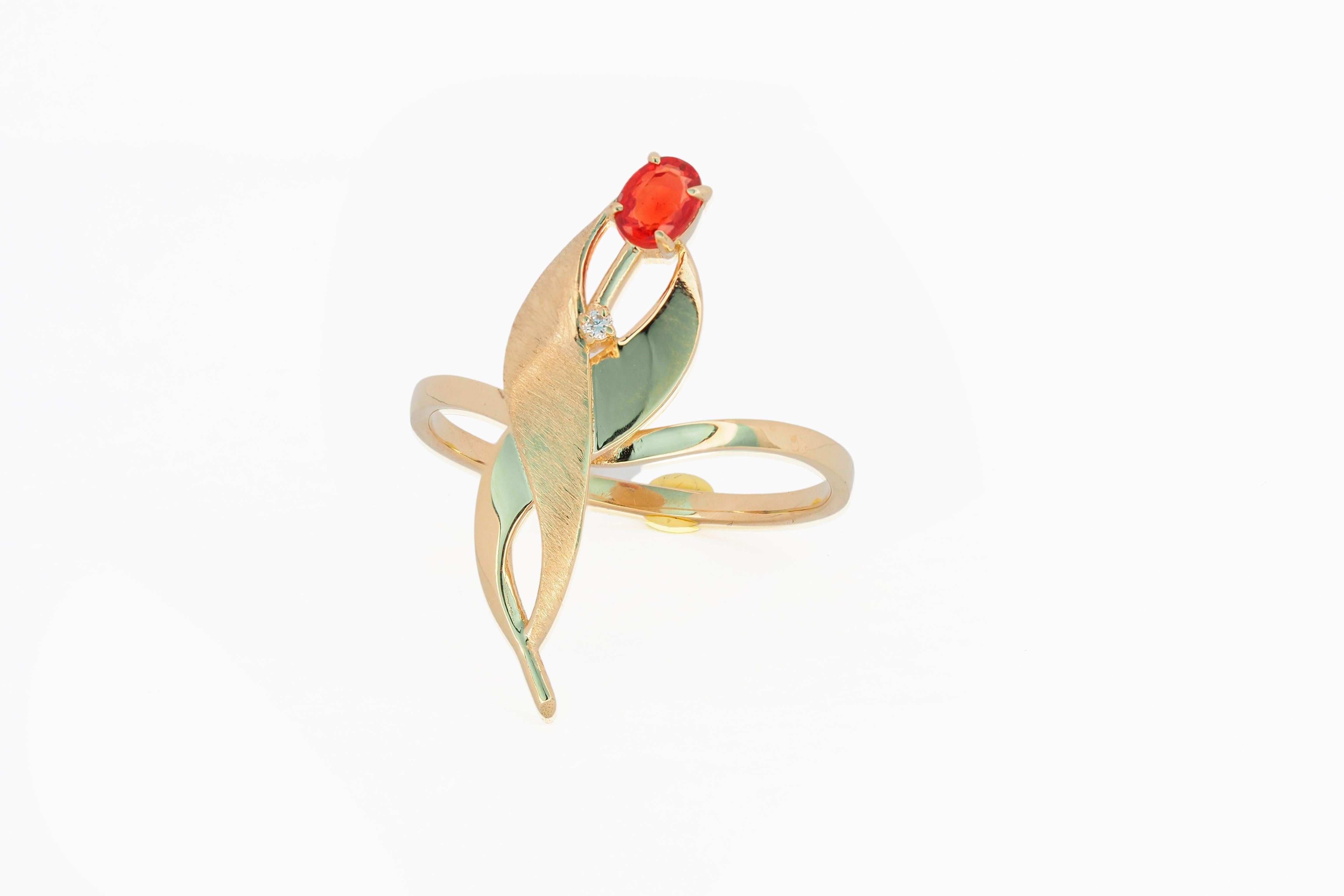 Modern Tulip flower ring with sapphire and diamond. For Sale