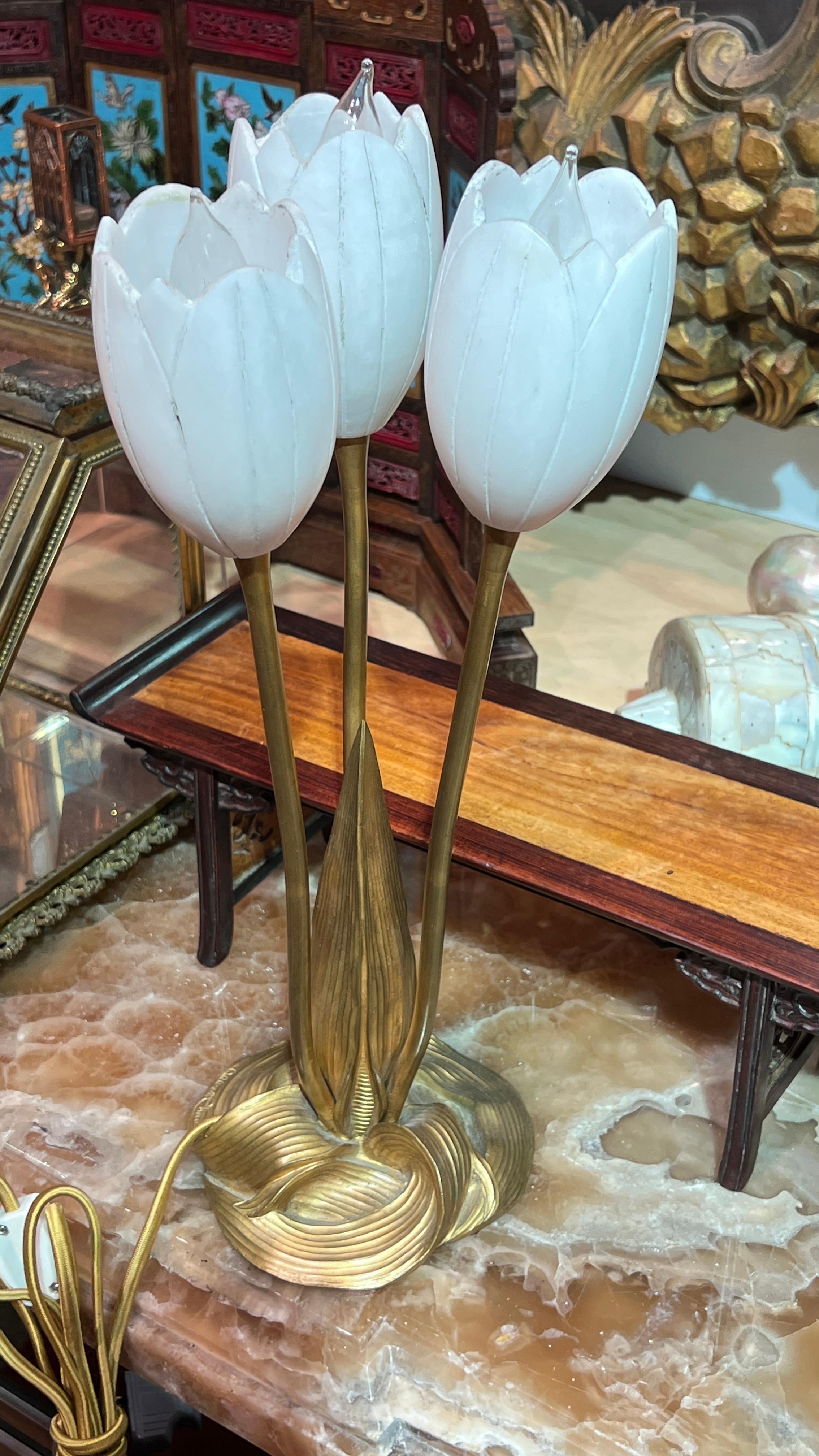 Tulip Form Gilt Bronze and Alabaster Stone Lamps by Albert Cheuret (1884-1966) For Sale 5