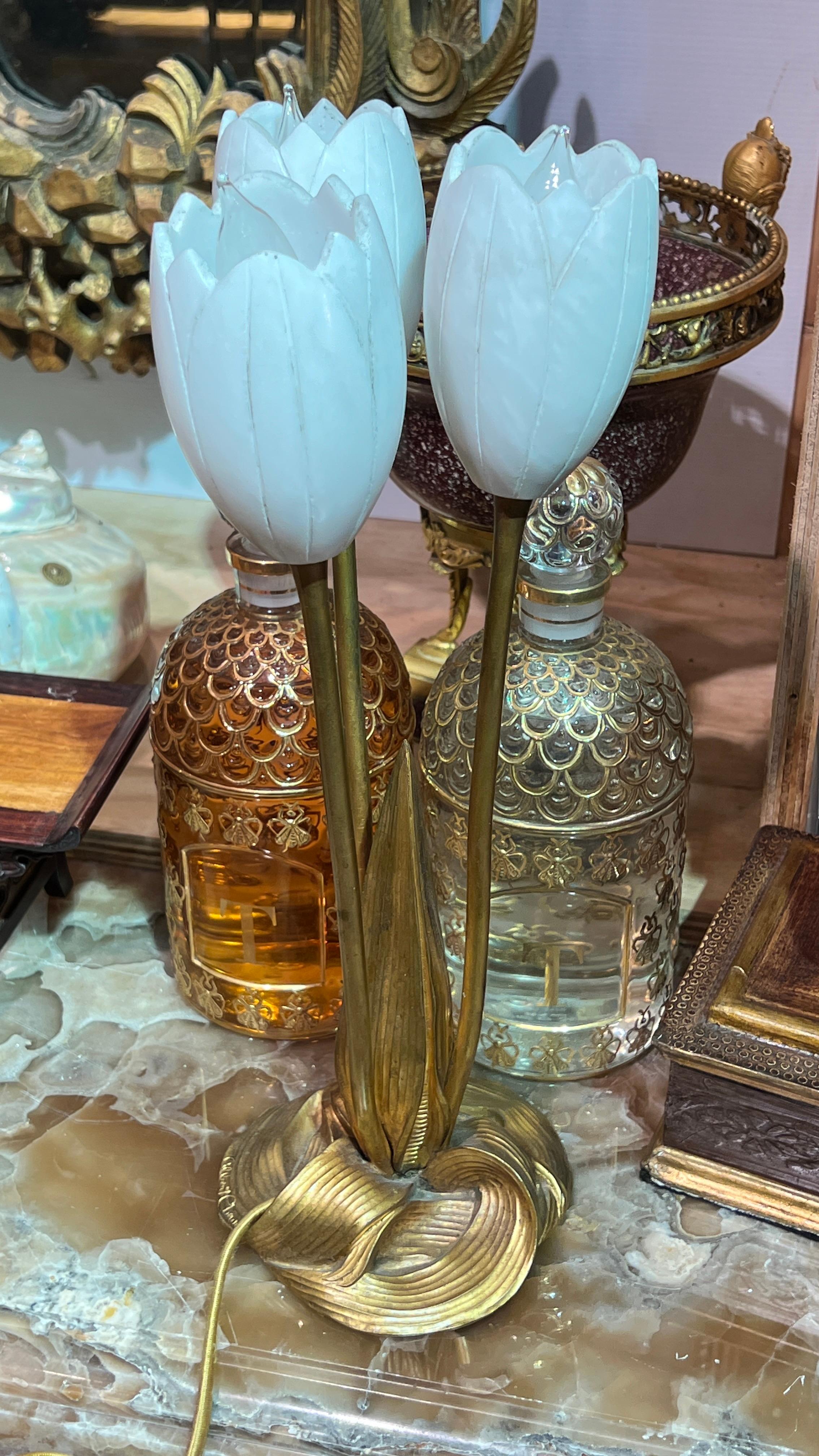 Tulip Form Gilt Bronze and Alabaster Stone Lamps by Albert Cheuret (1884-1966) For Sale 6