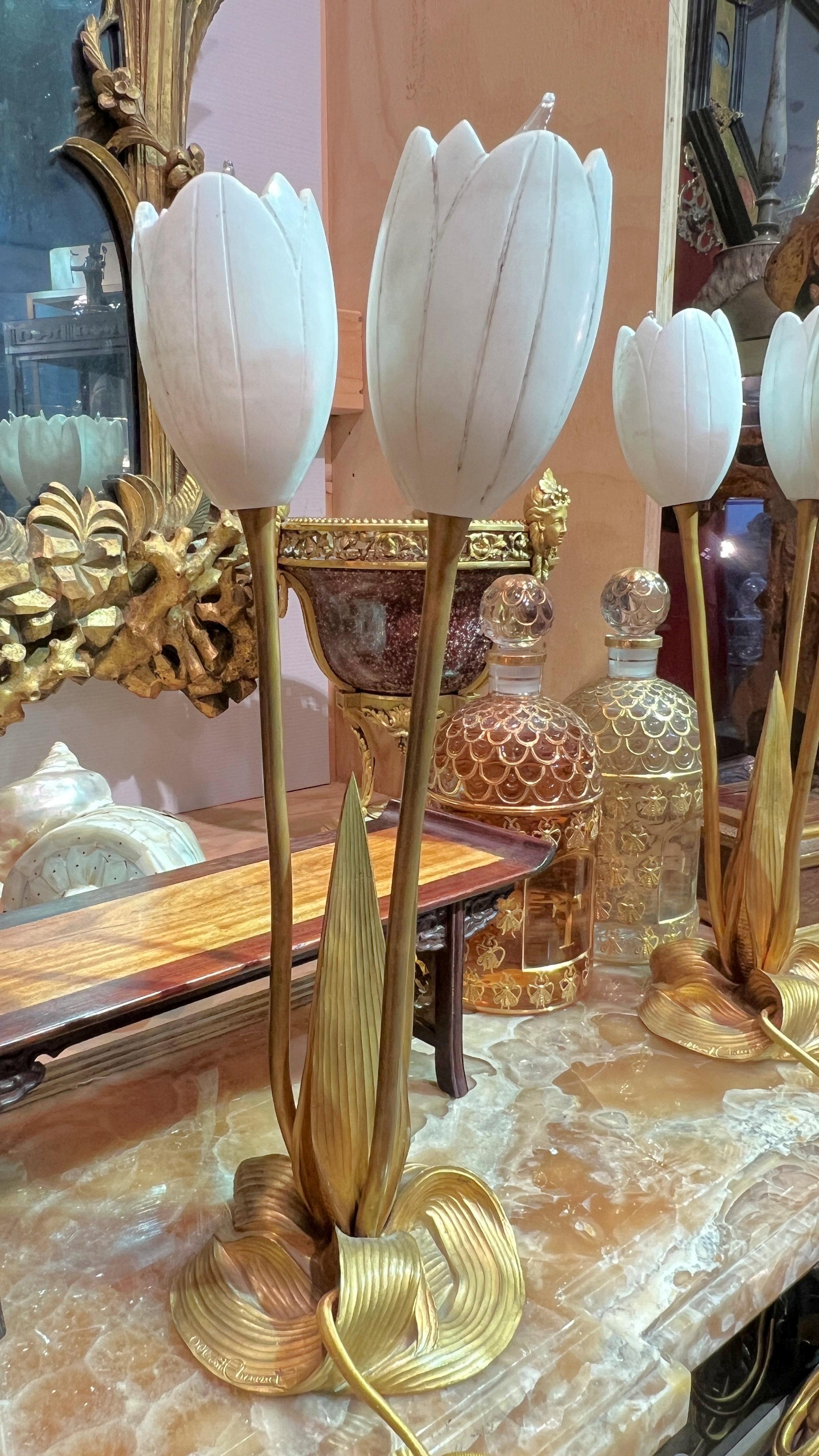 Art Deco Tulip Form Gilt Bronze and Alabaster Stone Lamps by Albert Cheuret (1884-1966) For Sale