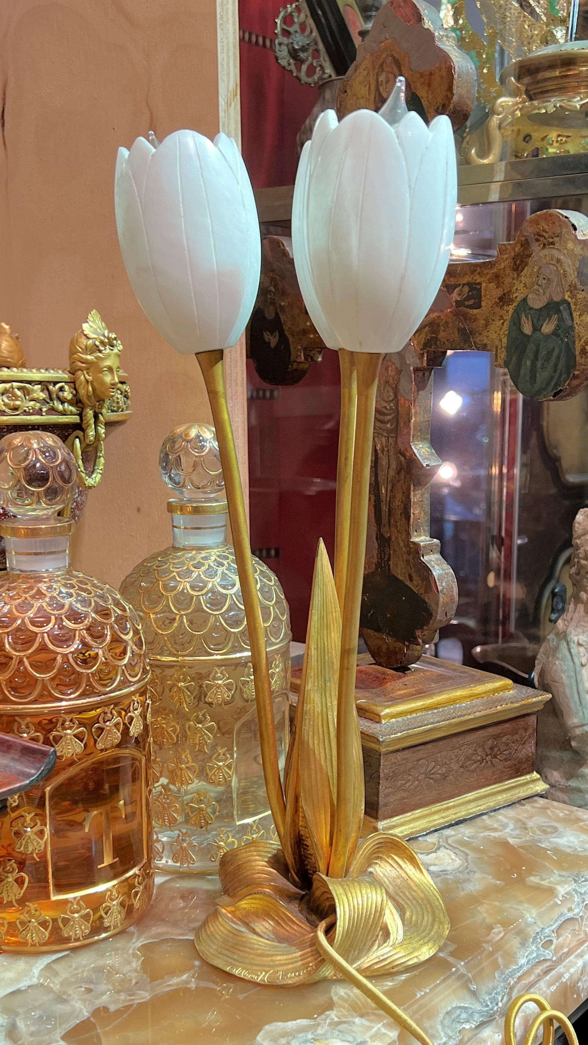 French Tulip Form Gilt Bronze and Alabaster Stone Lamps by Albert Cheuret (1884-1966) For Sale