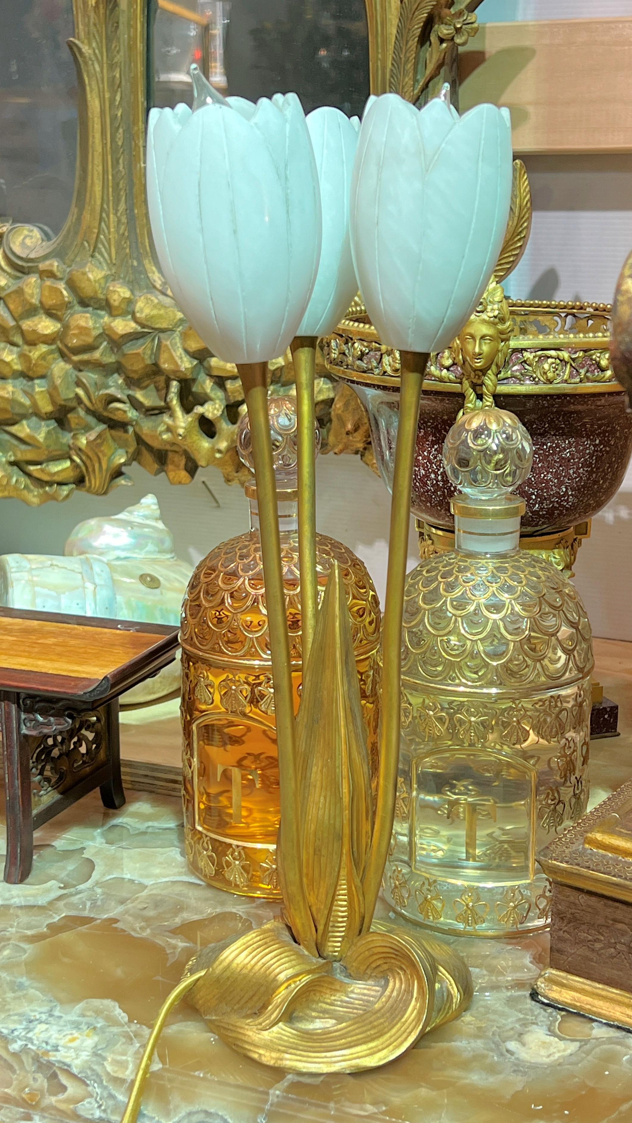 Tulip Form Gilt Bronze and Alabaster Stone Lamps by Albert Cheuret (1884-1966) In Good Condition For Sale In New York, US