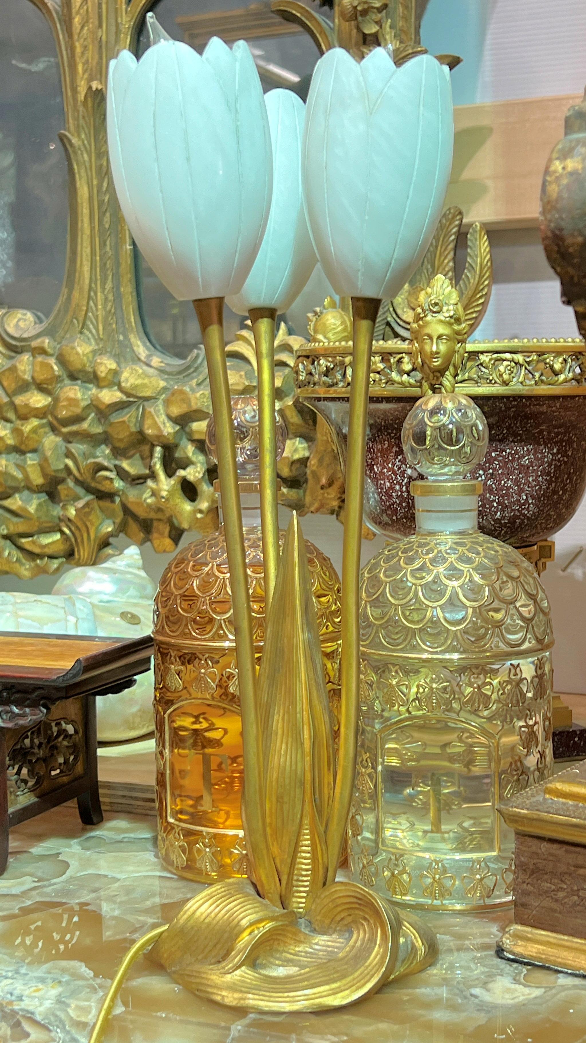20th Century Tulip Form Gilt Bronze and Alabaster Stone Lamps by Albert Cheuret (1884-1966) For Sale