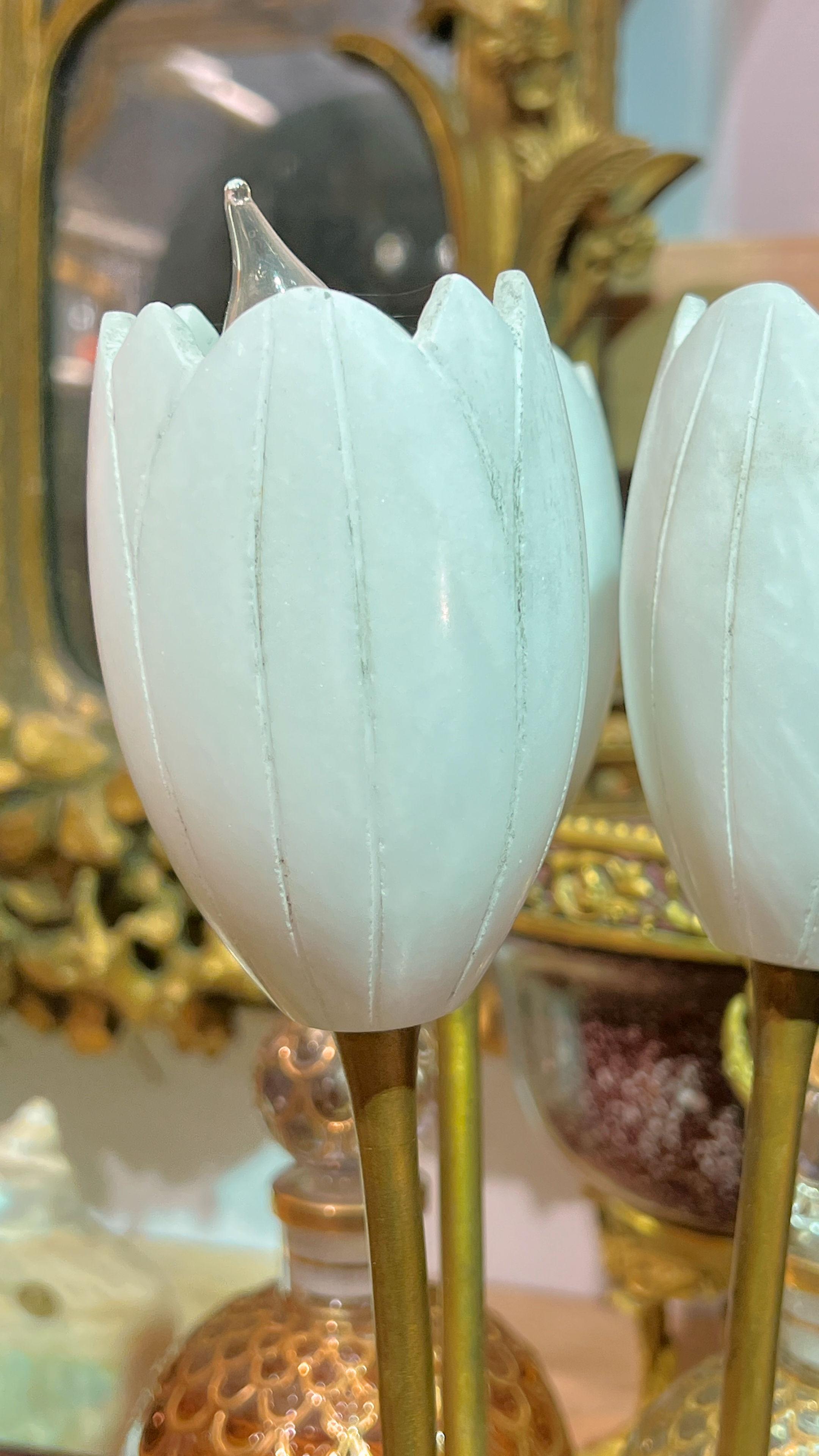 Tulip Form Gilt Bronze and Alabaster Stone Lamps by Albert Cheuret (1884-1966) For Sale 1