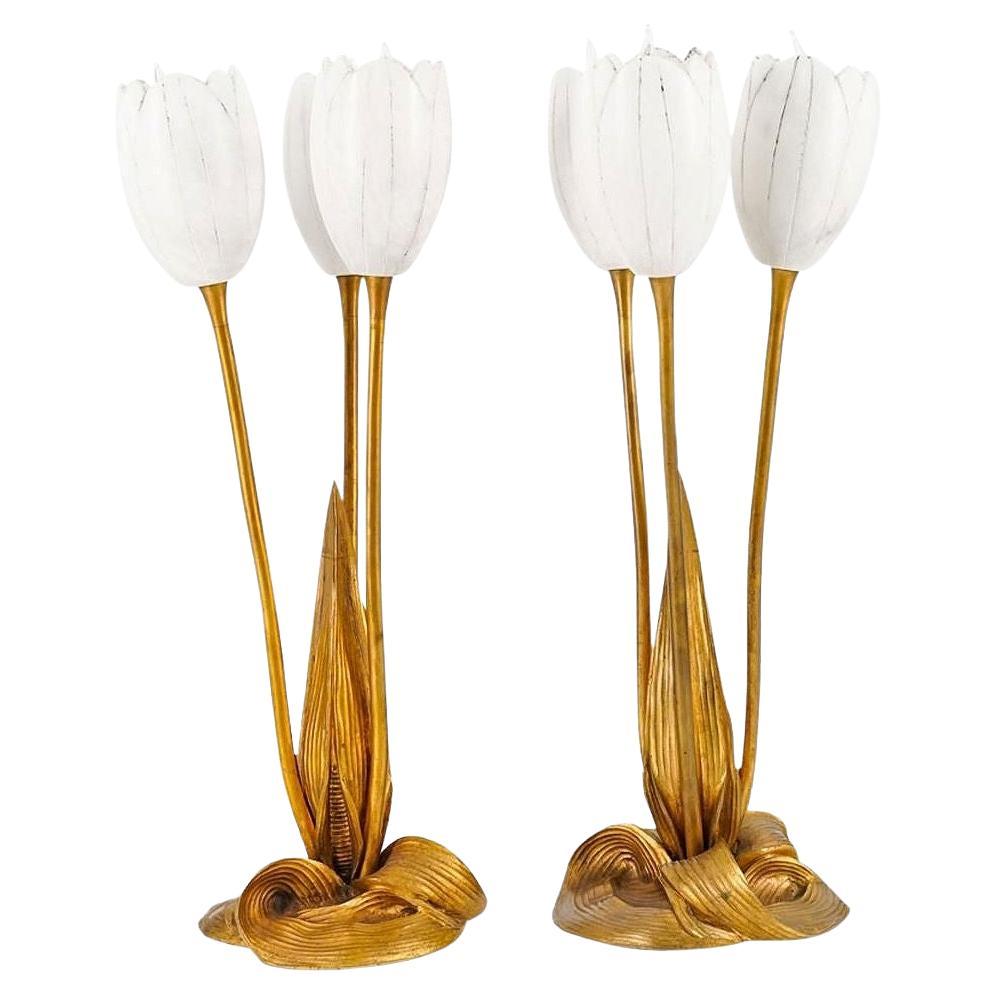 Tulip Form Gilt Bronze and Alabaster Stone Lamps by Albert Cheuret (1884-1966) For Sale