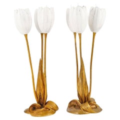 Lámparas de bronce dorado y piedra de alabastro en forma de tulipán de Albert Cheuret (1884-1966)