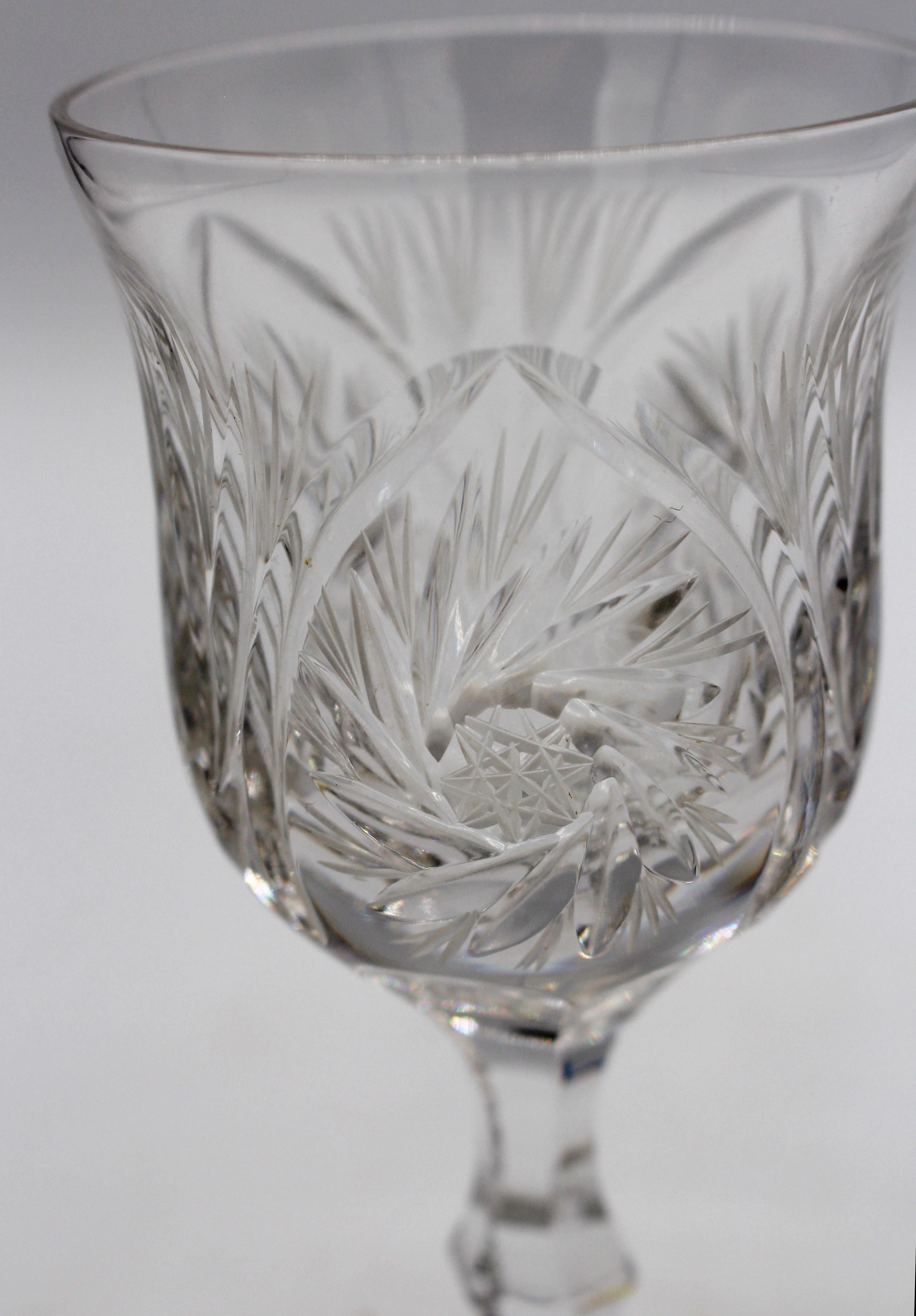Cut Glass Tulip-form Handblown Wine Glasses, Set of Eight