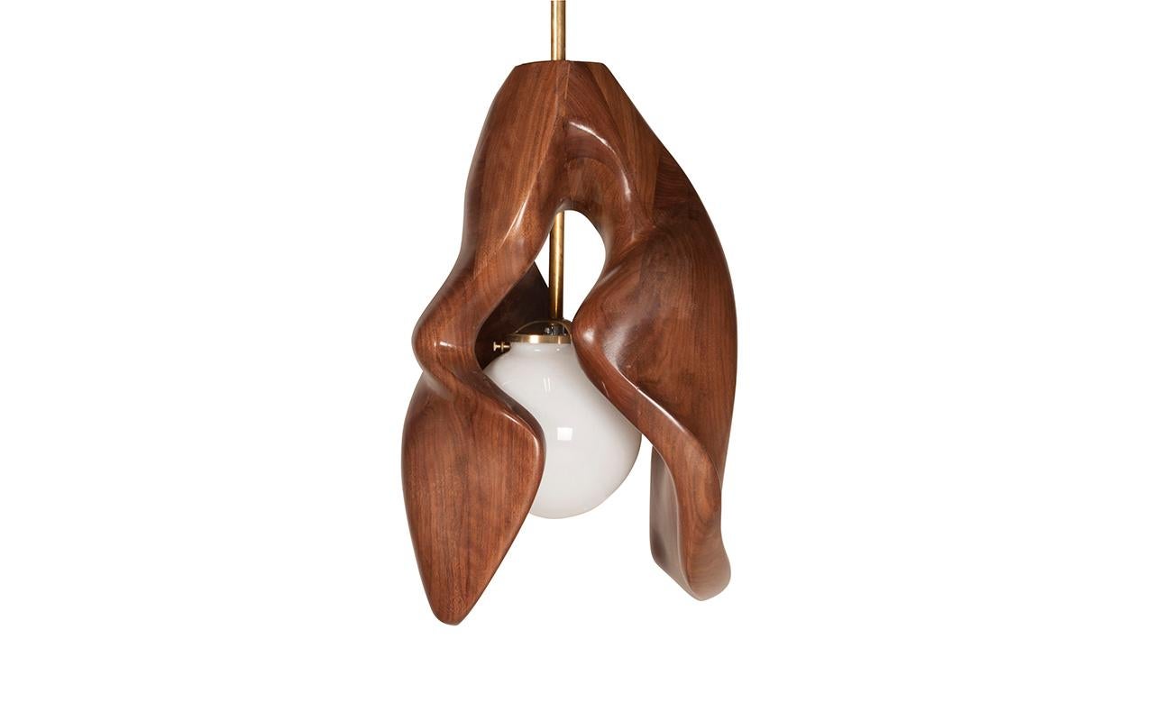 Organic Modern Tulip Pendant Lighting Walnut Wood with Opal Shade For Sale