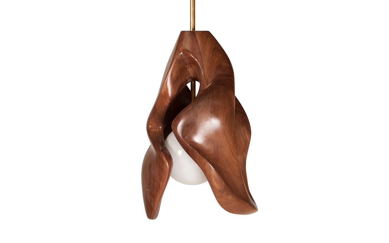 Carved Tulip Pendant Lighting Walnut Wood with Opal Shade For Sale