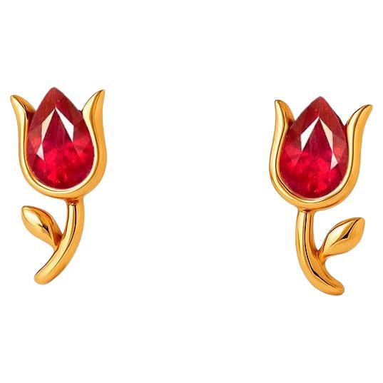 Orecchini con rubino Tulipano in oro 14k in vendita