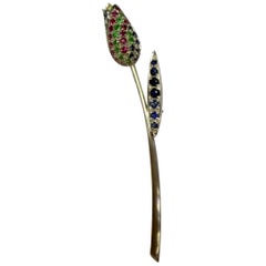 Tulip Sapphire, Ruby, Tsavorite Brooch 14Kt gold 4.4 grams