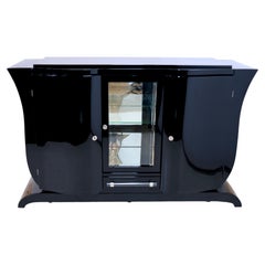 Tulip Shaped Black Lacquer Art Deco Sideboard with Showcase in the Middle Part