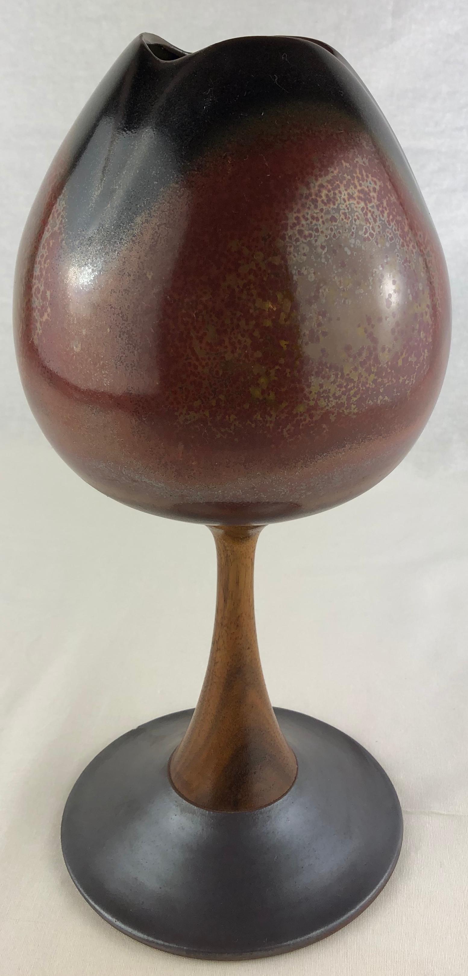 Mid-Century Modern Tulip Shaped Ceramic Vase with Wooden and Metal Base, Manner of Berndt Friberg For Sale