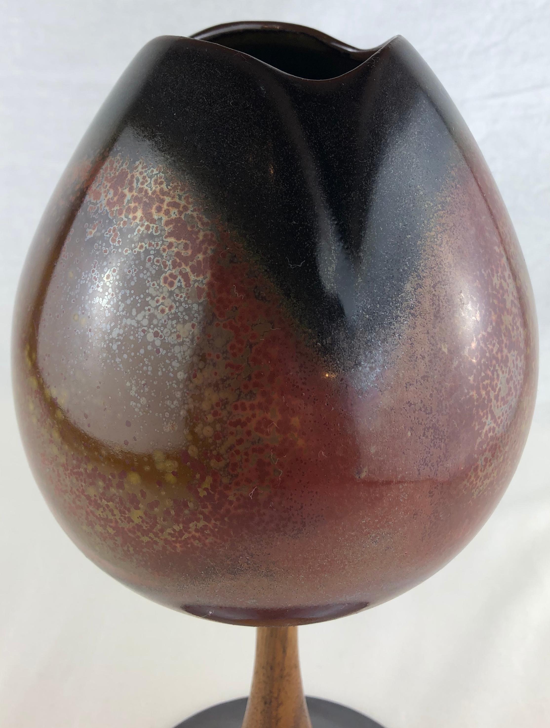 Tulip Shaped Ceramic Vase with Wooden and Metal Base, Manner of Berndt Friberg For Sale 2