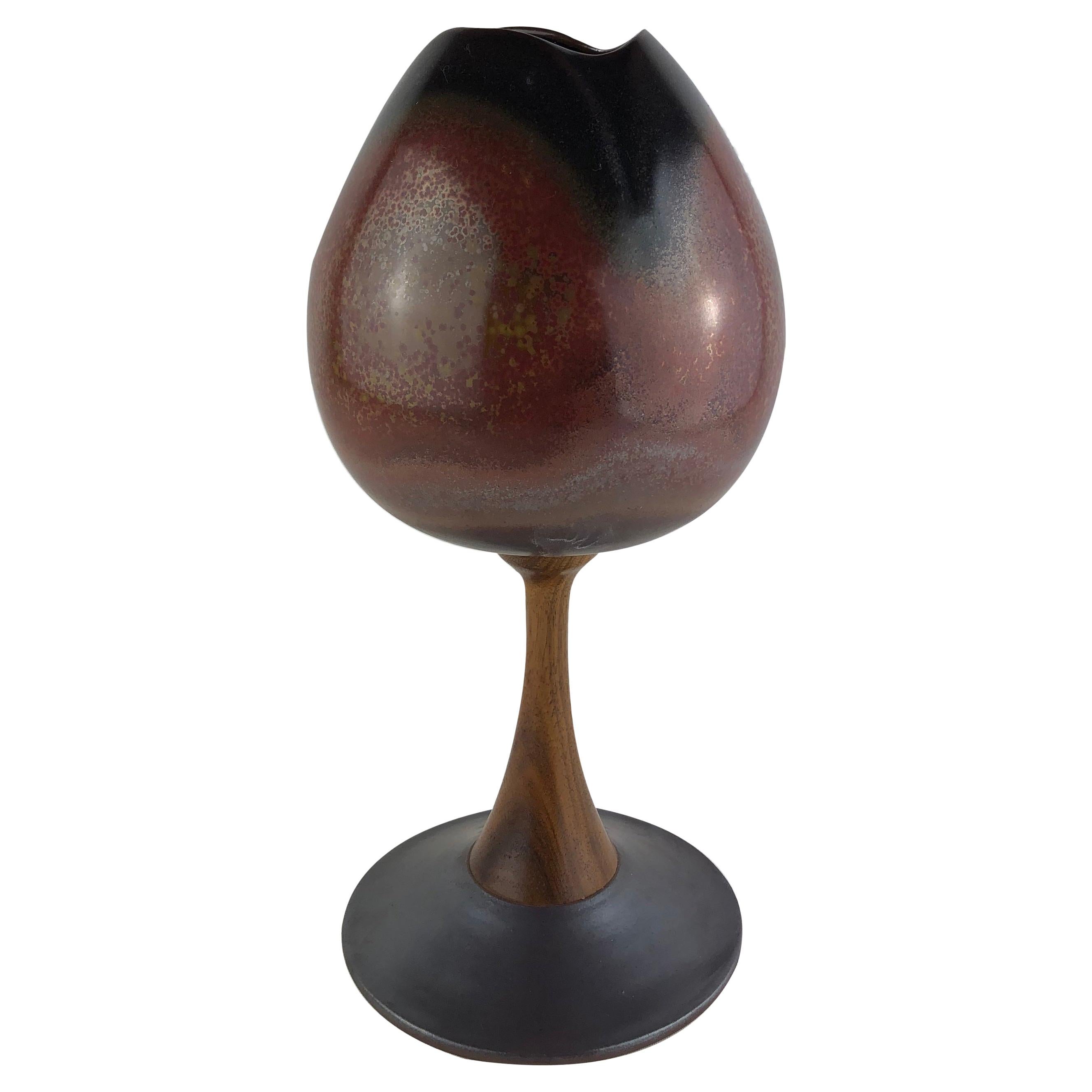 Tulip Shaped Ceramic Vase with Wooden and Metal Base, Manner of Berndt Friberg