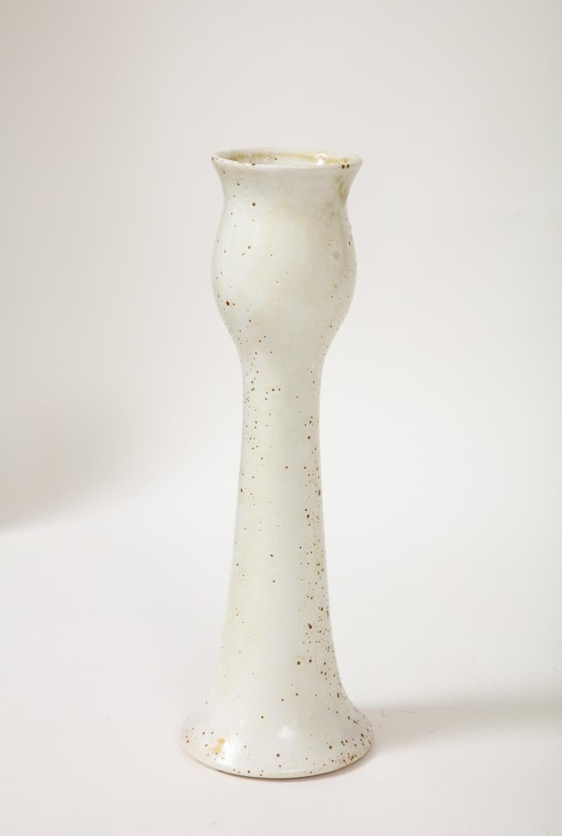 Glazed Tulip Shaped Ceramic Vase with White and Speckled Brown Glaze by Pentik, Finland