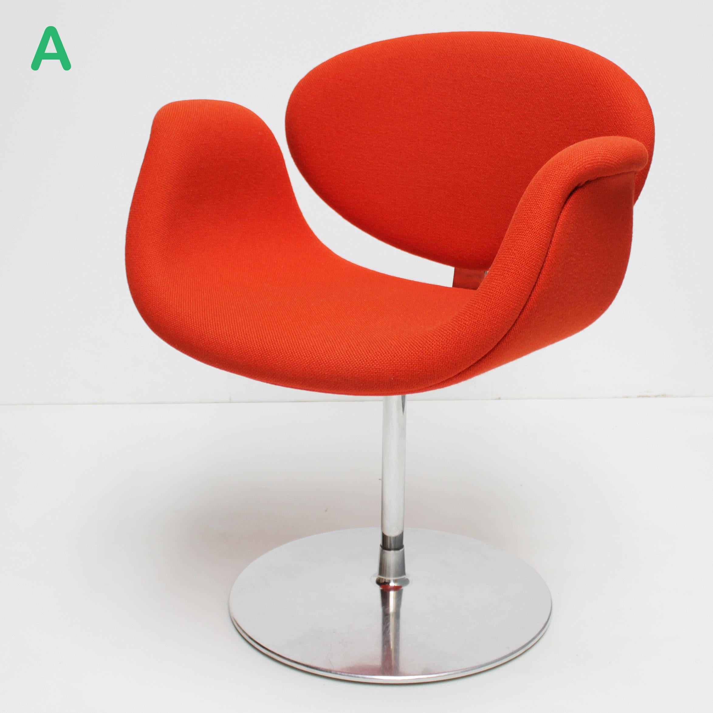 'Little' tulip chairs by Pierre Paulin for Artifort Holland. Model No. F545. 
Offered 8 chairs in three different colors. One in red (A), three in orange (B) and four in pink/red (C). Colorful fabric-covered latex-foam upholstered steel frame on