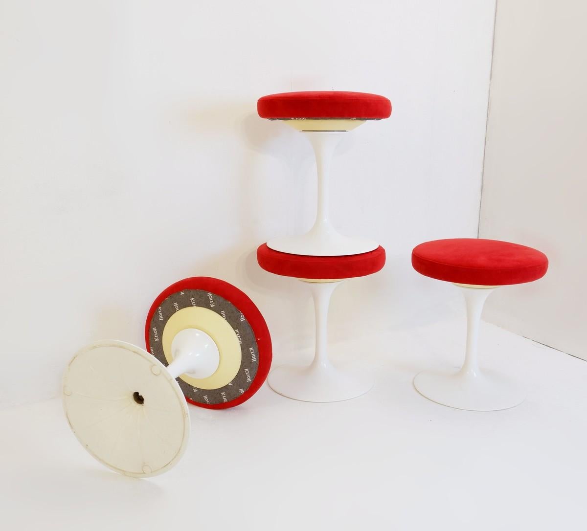 European 'Tulip ' Swivel Stools by Knoll, Red Suede Seat, 2 Available