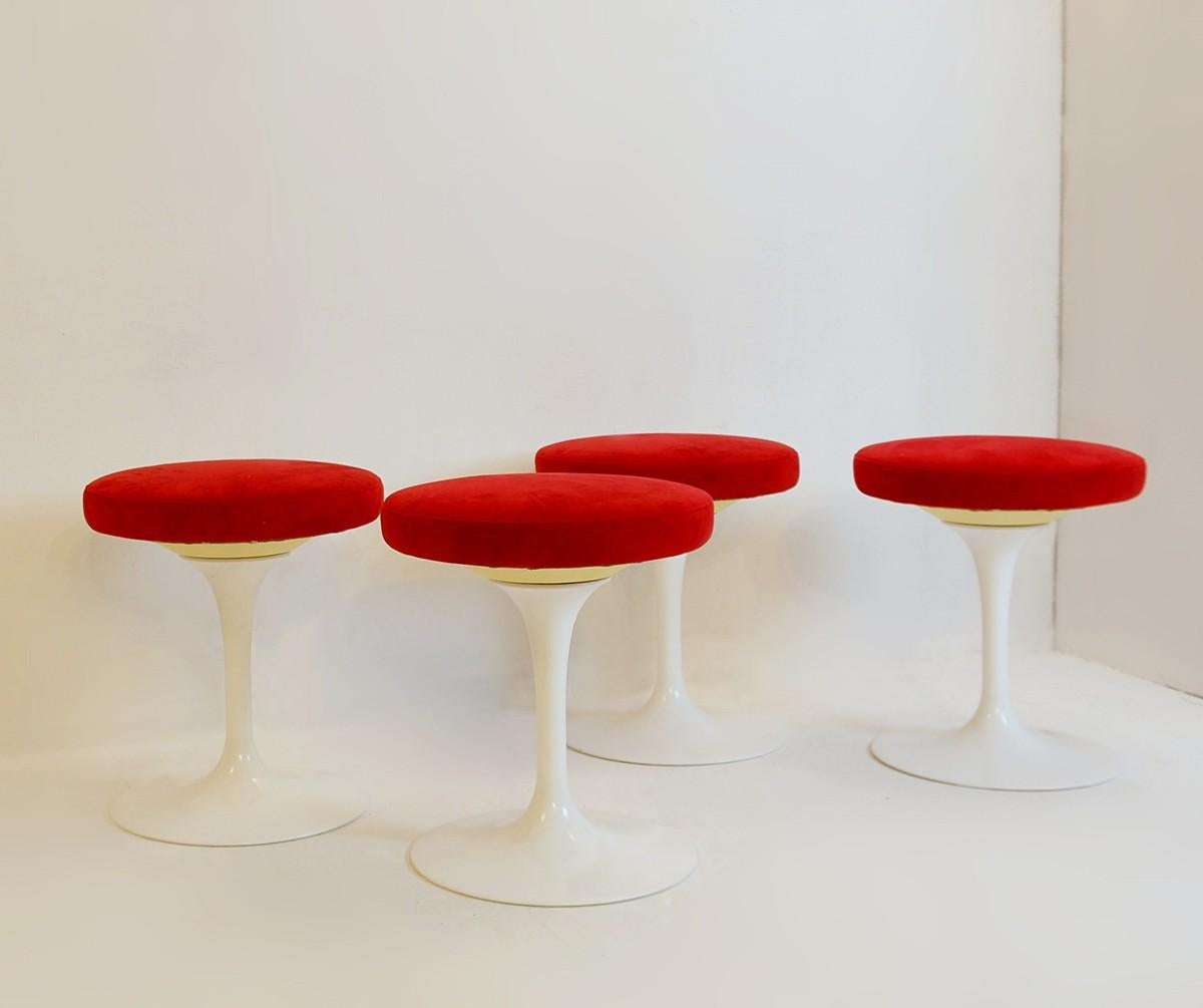 Metal 'Tulip ' Swivel Stools by Knoll, Red Suede Seat, 2 Available