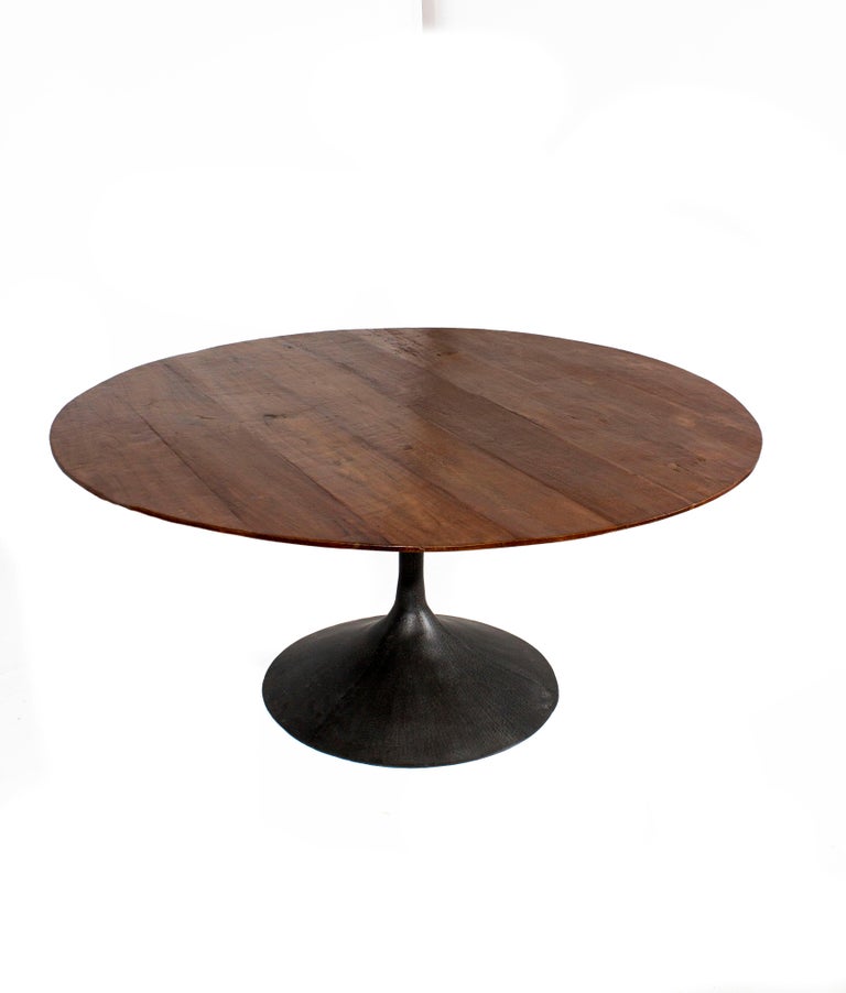 Tulip Table Base in Patinated Steel with Reclaimed Elm Top at 1stDibs