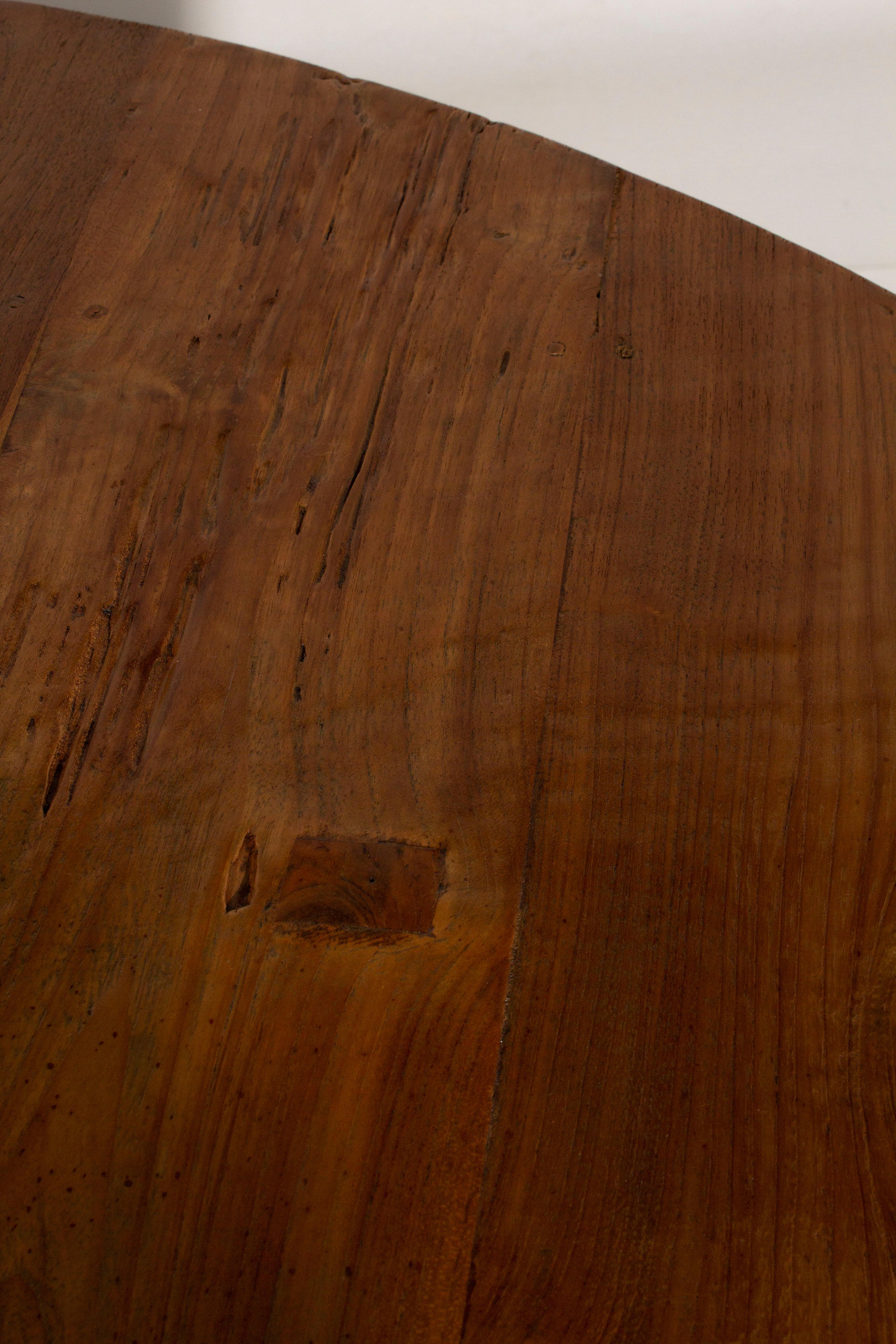 European Tulip Table Base in Patinated Steel with Reclaimed Elm Top