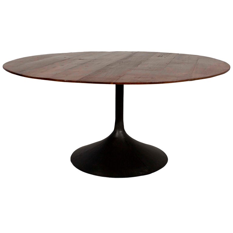 Tulip Table Base in Patinated Steel with Reclaimed Elm Top at 1stDibs