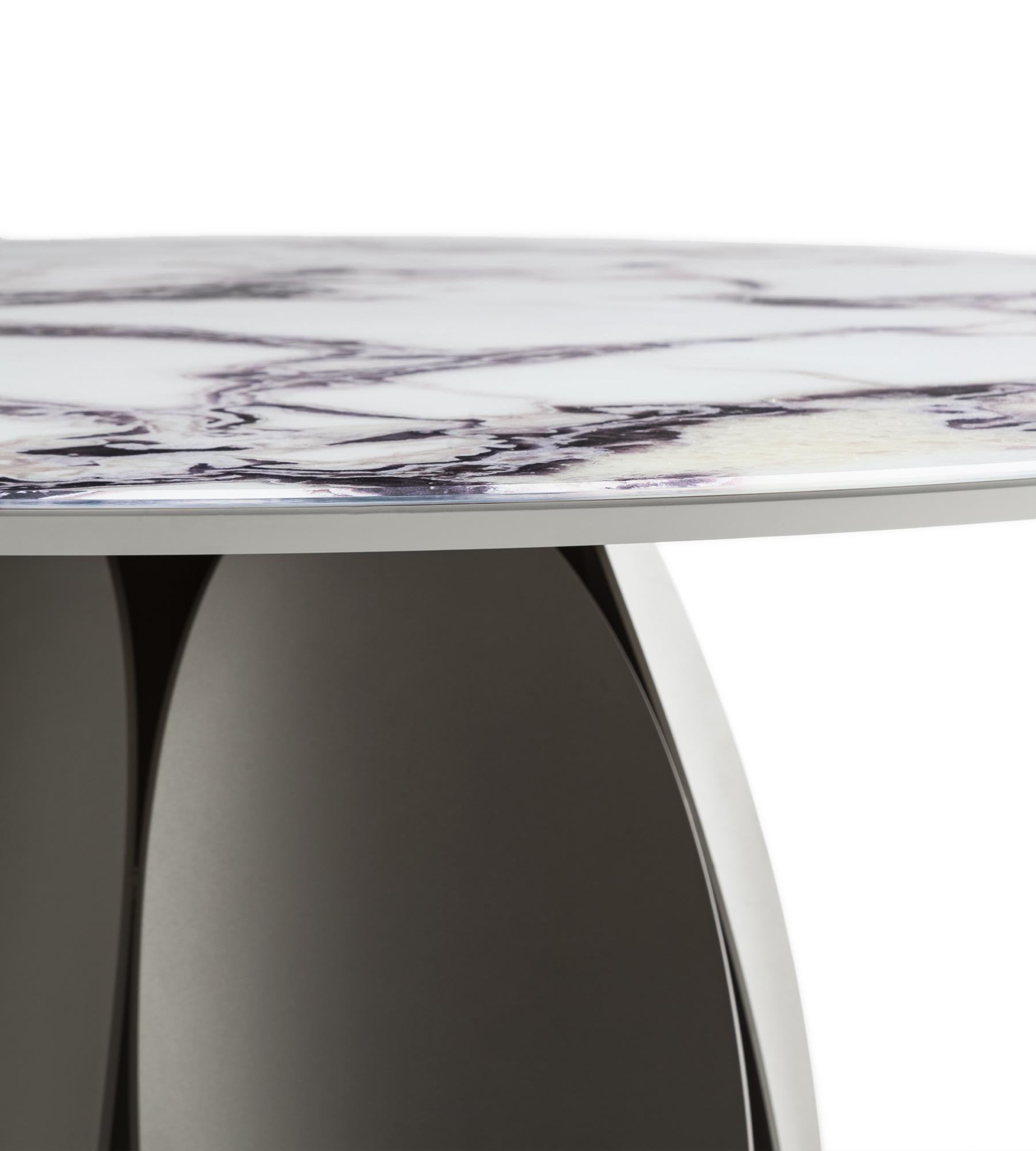 Métal Tulipano Trinity Table de salle à manger en verre blanc, 6 places, par Morica Design en vente