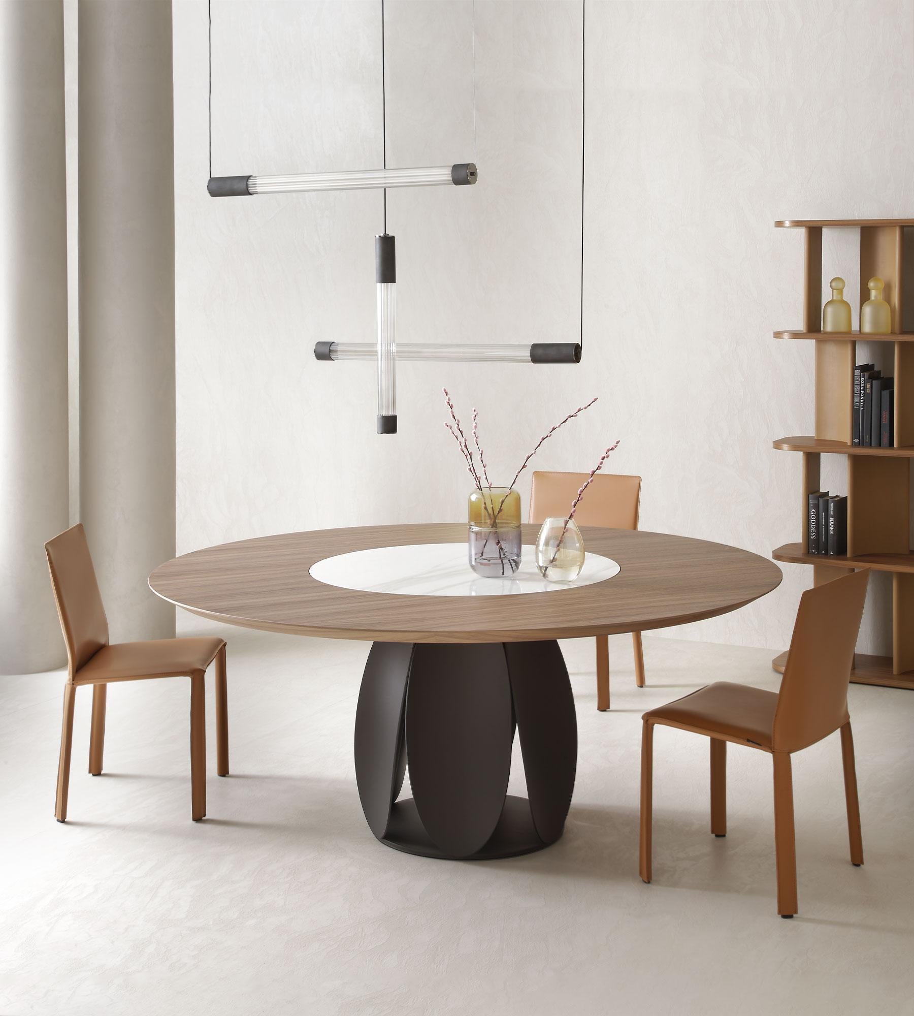 Tulipano Walnut Dining Table With Lazy Susan, 10 Seats, by Morica Design
Dimensions: D 180 x W 180 x H 75 cm.
Materials: Canaletto walnut, metal.

Available in Canaletto Walnut, Laguna Oak, and Natural Oak. Please contact us.

Table with base in