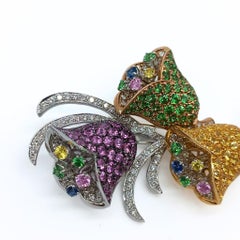 Tulips Brooch in 18k Gold with Diamonds & Sapphires, Made in Spain