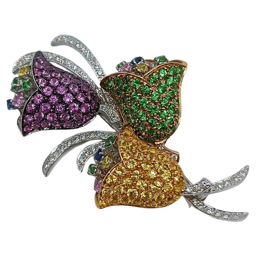 Tulips Brooch in White, Rose and Yellow Gold For Sale