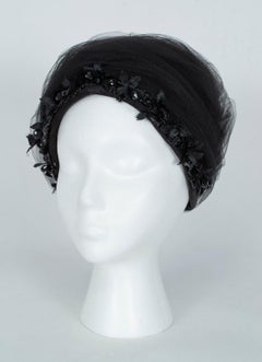 Black Tulle Cocktail Turban Hat with Chandelier Bead Floral Trim - S, 1960s