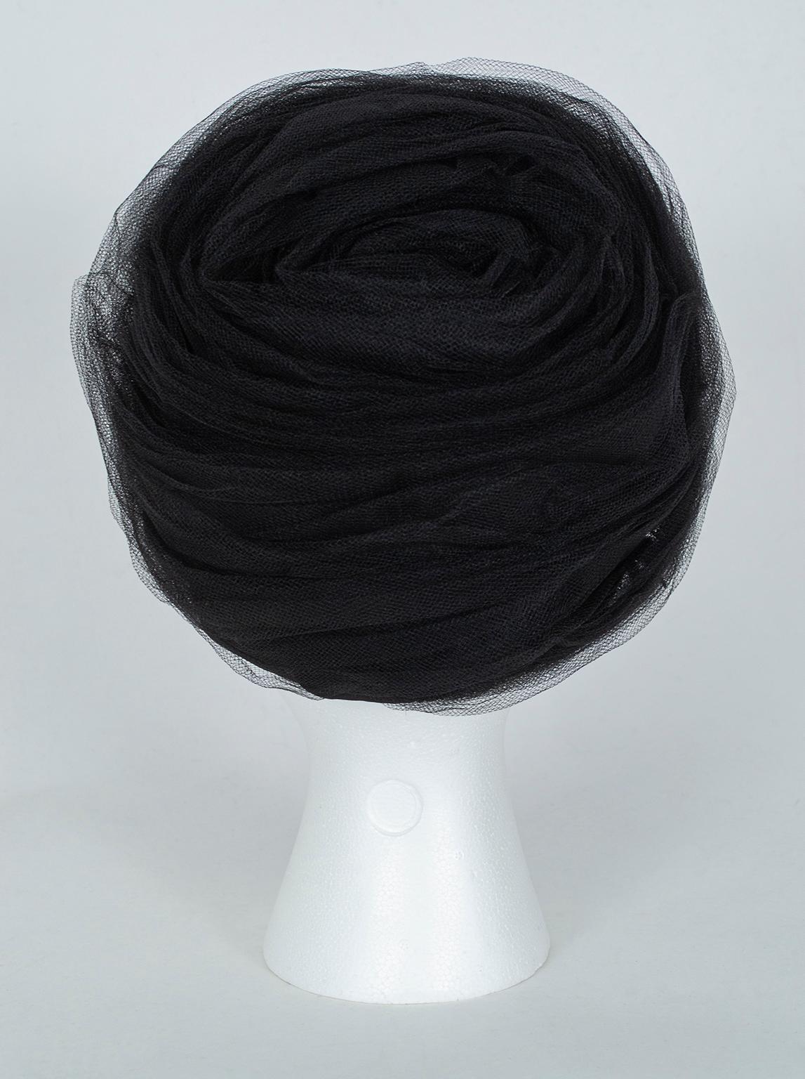 Black Tulle Cocktail Turban Hat with Chandelier Bead Floral Trim - S, 1960s In Excellent Condition In Tucson, AZ