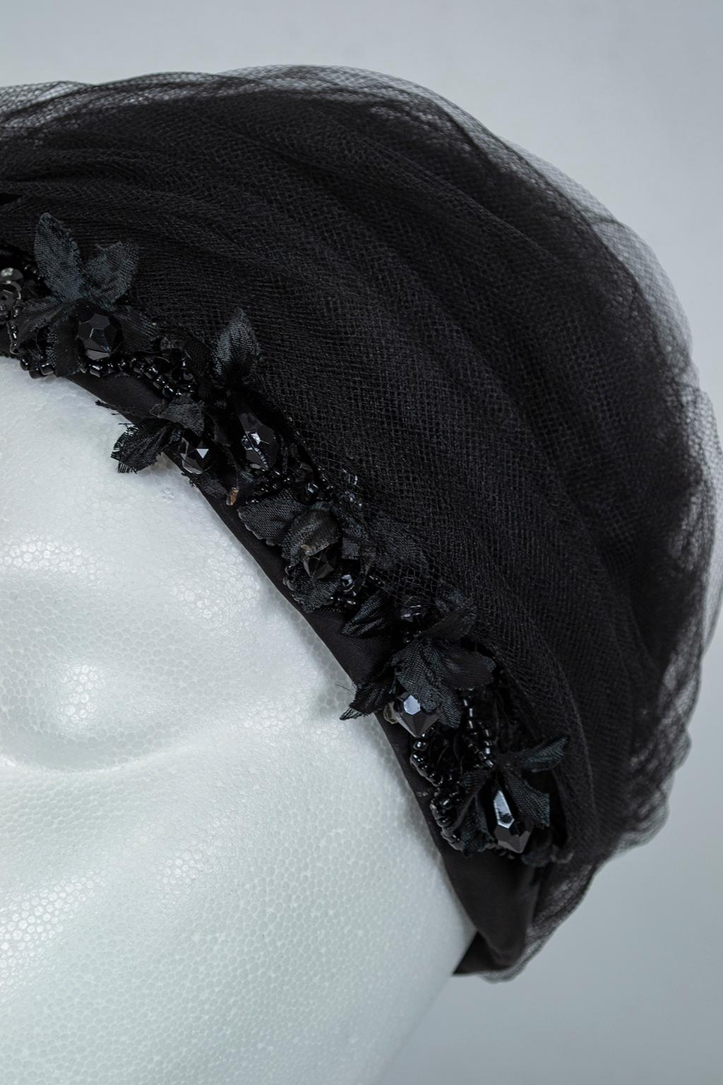 Women's Black Tulle Cocktail Turban Hat with Chandelier Bead Floral Trim - S, 1960s For Sale