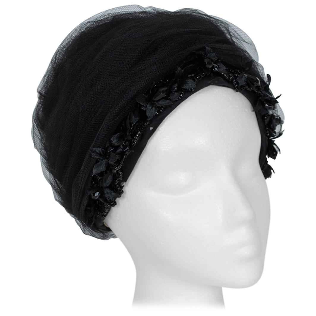Black Tulle Cocktail Turban Hat with Chandelier Bead Floral Trim - S, 1960s