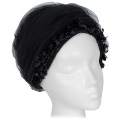 Retro Black Tulle Cocktail Turban Hat with Chandelier Bead Floral Trim - S, 1960s