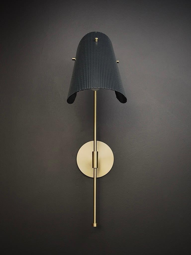 The Tulle wall lamp is an architectural piece that works well in both modern and transitional interiors. Shown here in our 'Charcoal' gray enamel and brushed brass hardware.  Available in any of our 36 enamel colors and 7 metal finishes--please