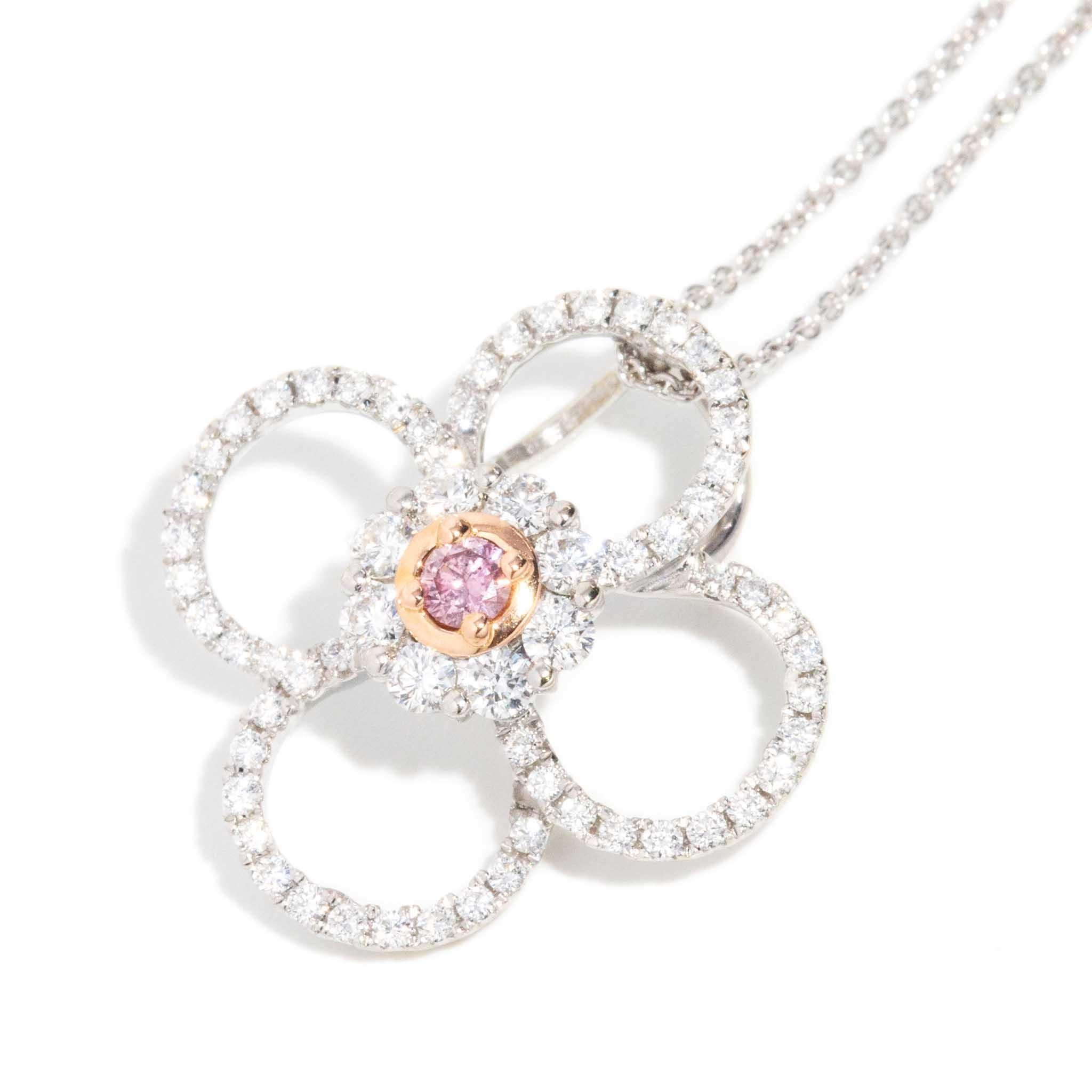 Brilliant Cut Contemporary Pink & White Diamond Pendant & Chain 18ct White & Rose Gold For Sale
