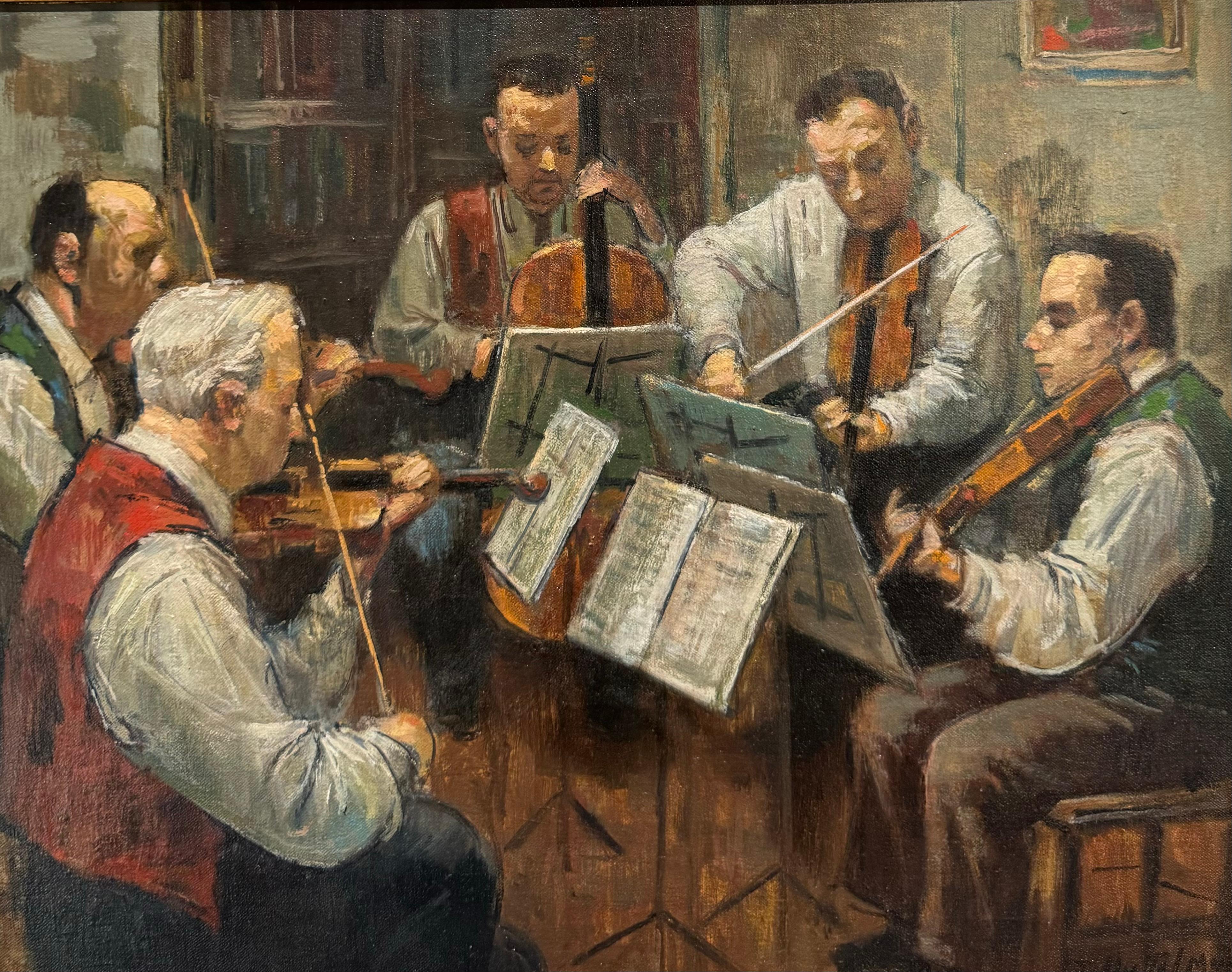 Cuarteto de la Orquesta Modernista Judío Americana Nueva York Pintura al óleo - Interior Painting Negro de Tully Filmus