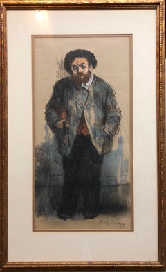 Judaica Pastel Drawing "The Violinist" Jewish Klezmer Musician WPA Artist